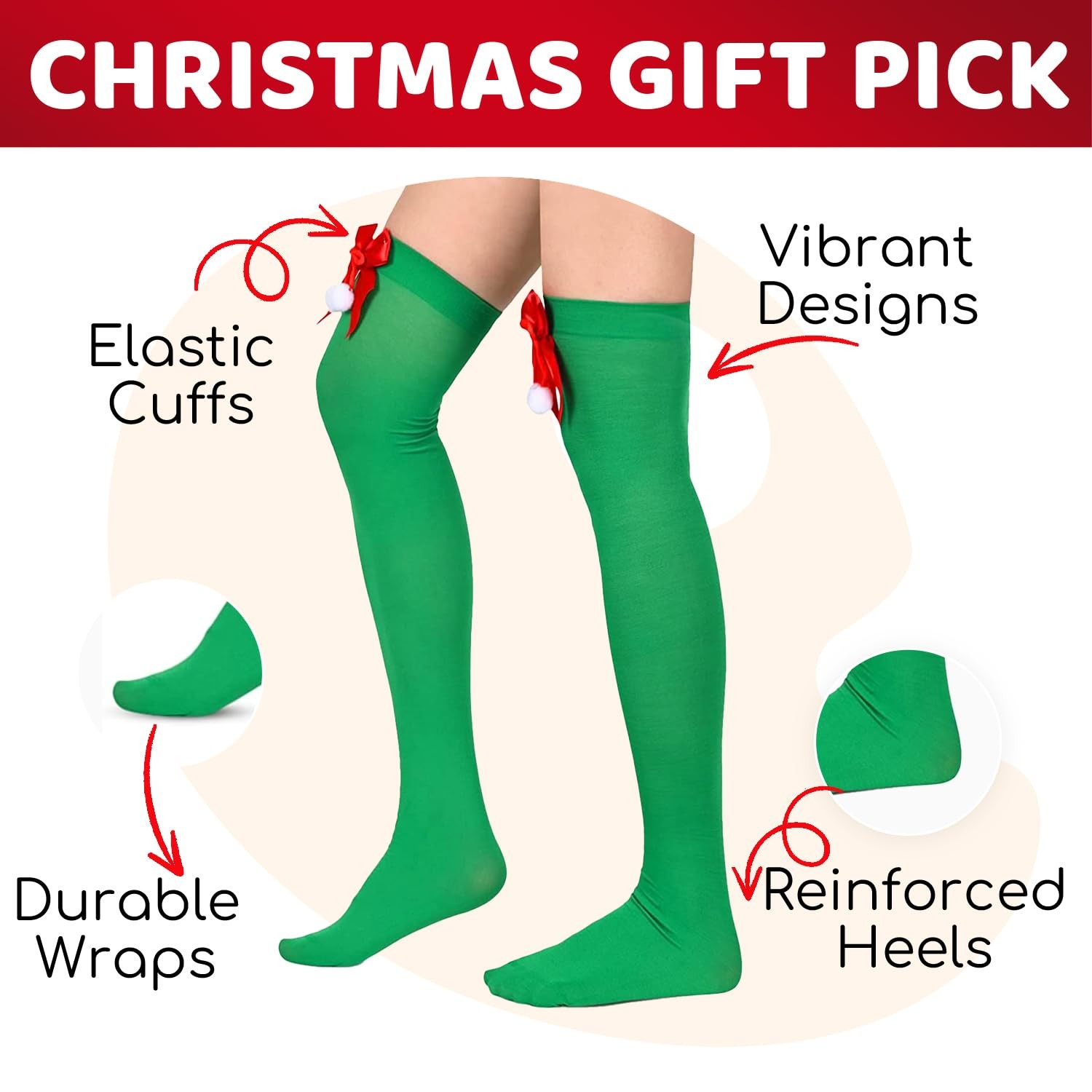 Zmart Christmas Knee High Socks – Xmas Candy Cane Medium, 4 Pack