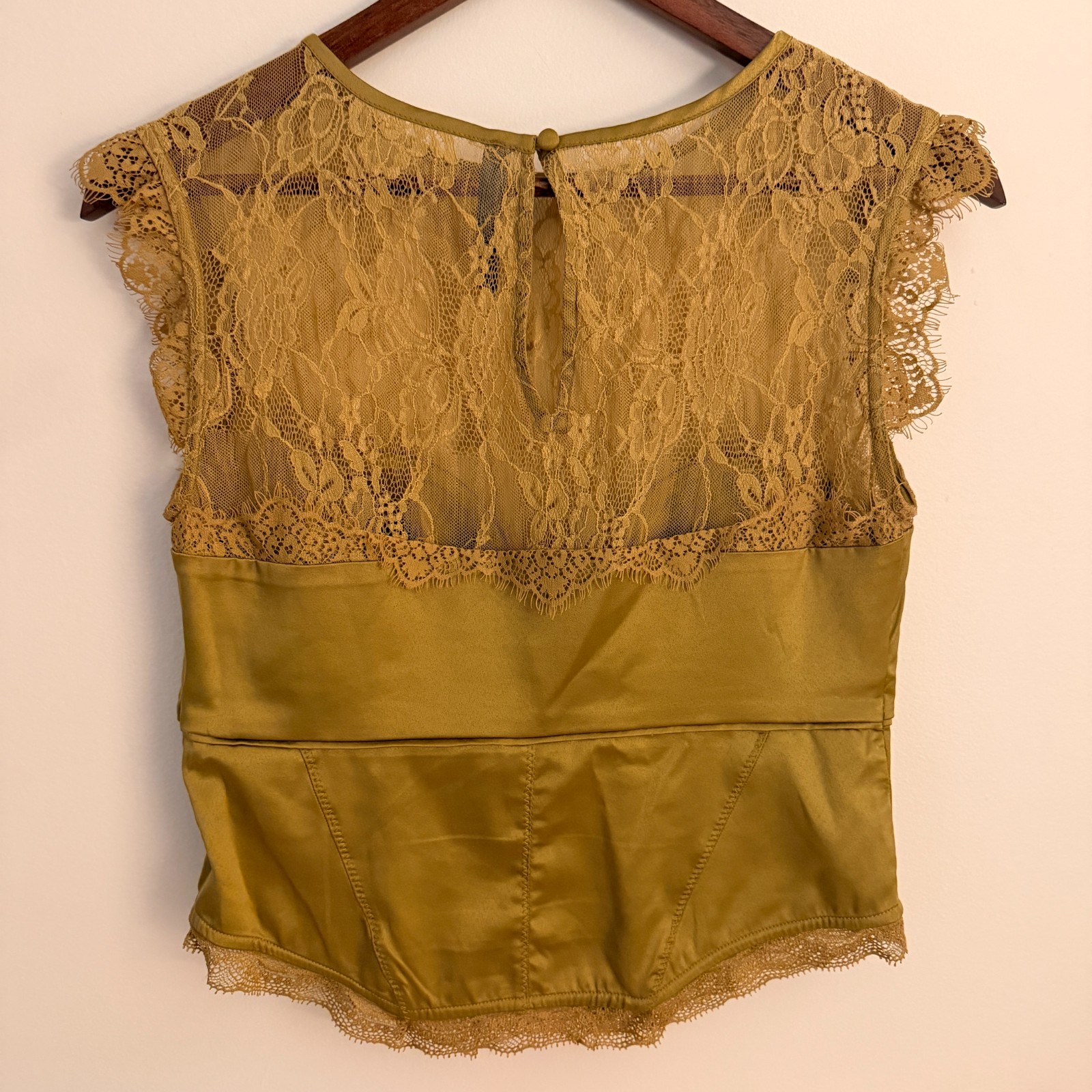 By Anthropologie Olive Green Lace Cap Sleeve Top, Size S Excellent Condition