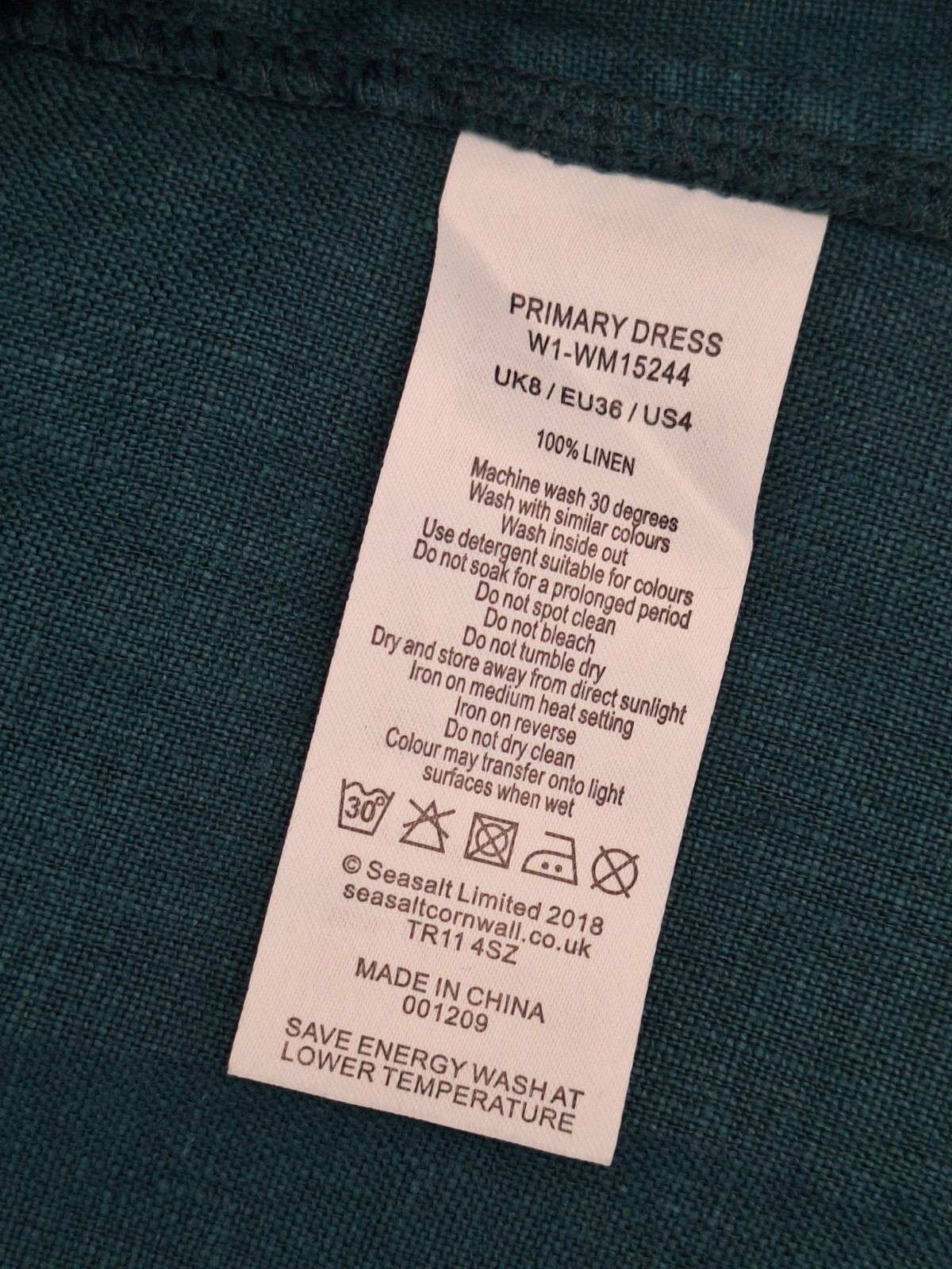 Seasalt Boxy Loose Fit Linen Teal Blue Green Shift Primary Dress UK 8 EU 36 US 4