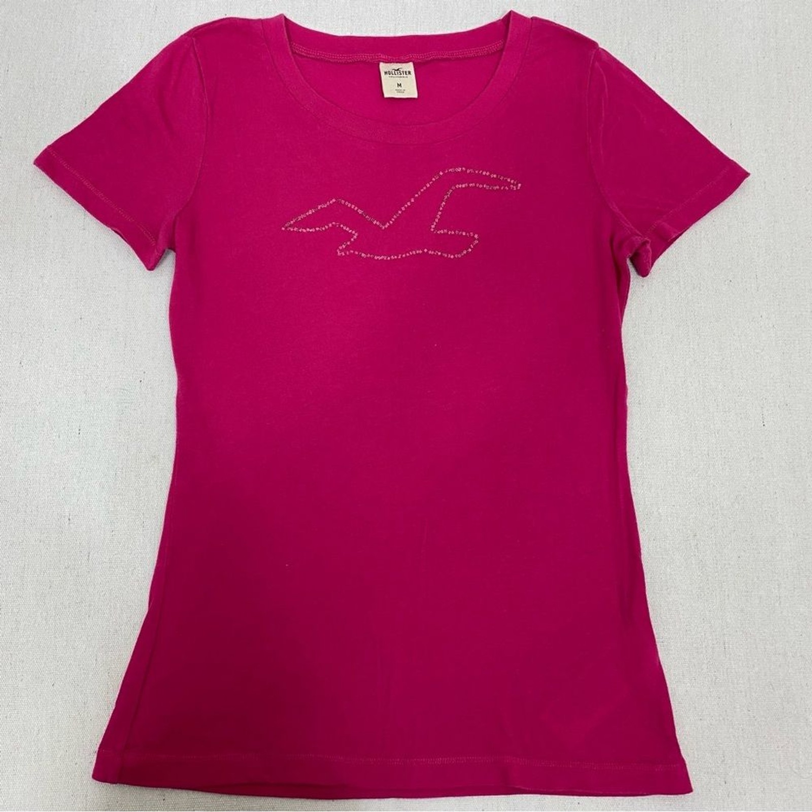 Hollister Y2K Beaded Logo Pink Tee Shirt Size M