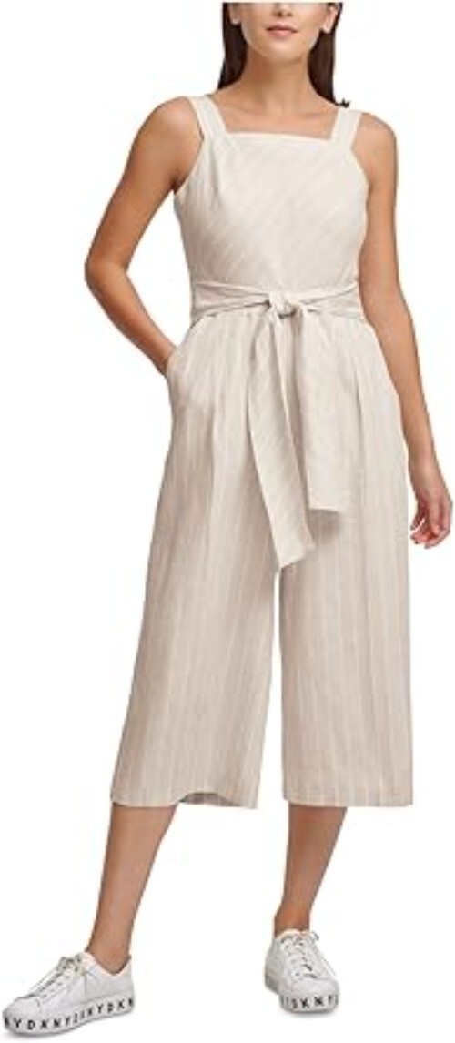 DKNY Womens Striped Wide Leg Jumpsuit Belted Pockets Backless Beige Size X Large