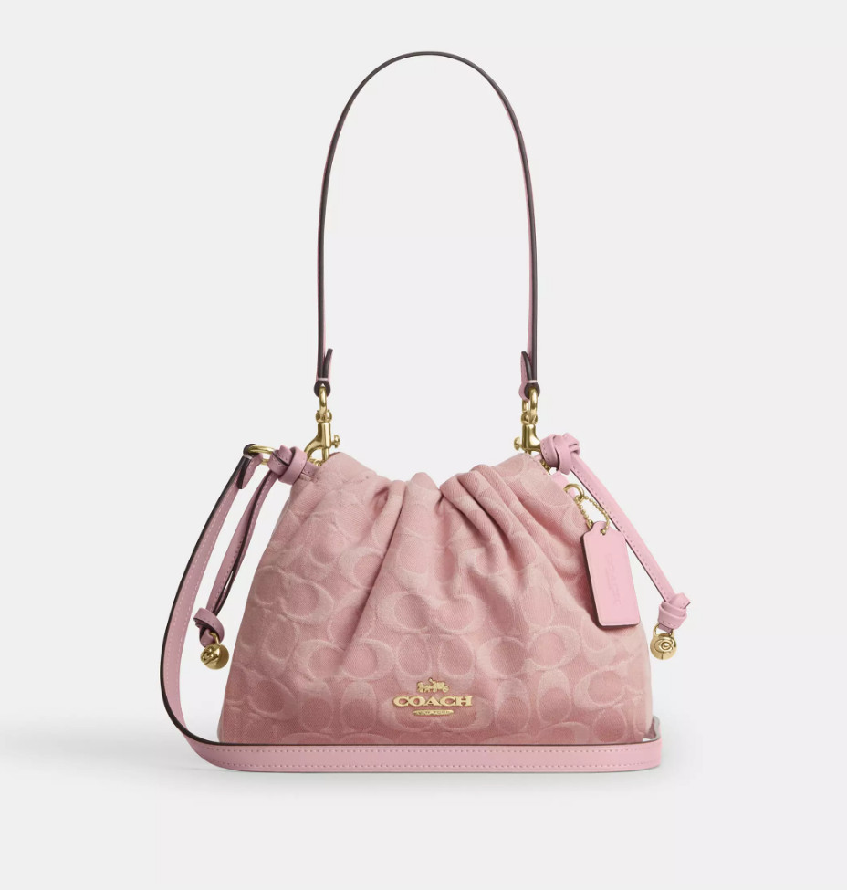 COACH Faye Drawstring Bag Signature Denim Light Pink CFD03 IMNH1 Auth New