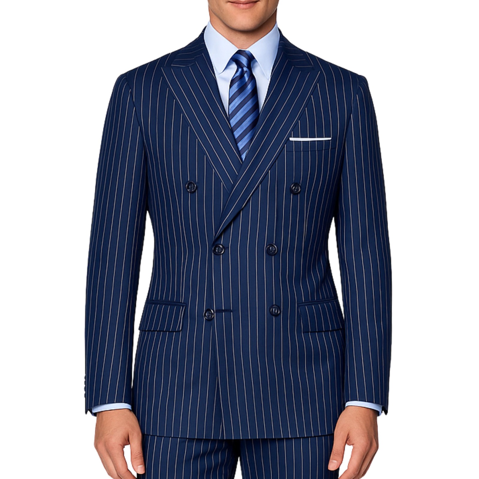 VINCI Men’s Blue Pinstripe Double-Breasted Reg-Fit Suit w/ Adj Waist – NEW