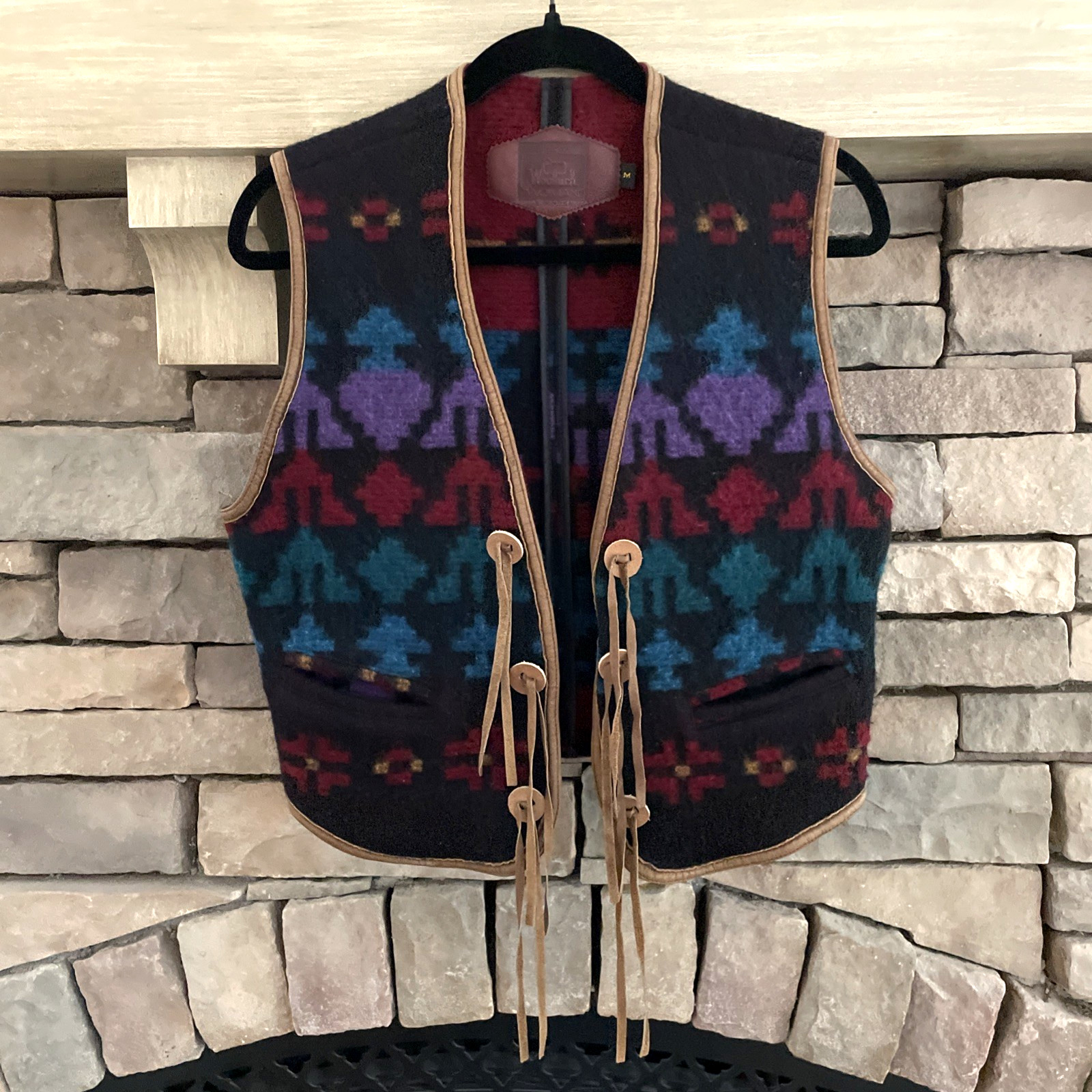 VTG Woolrich Woman Aztec Southwestern Wool Western Medium Leather Trim Fringe