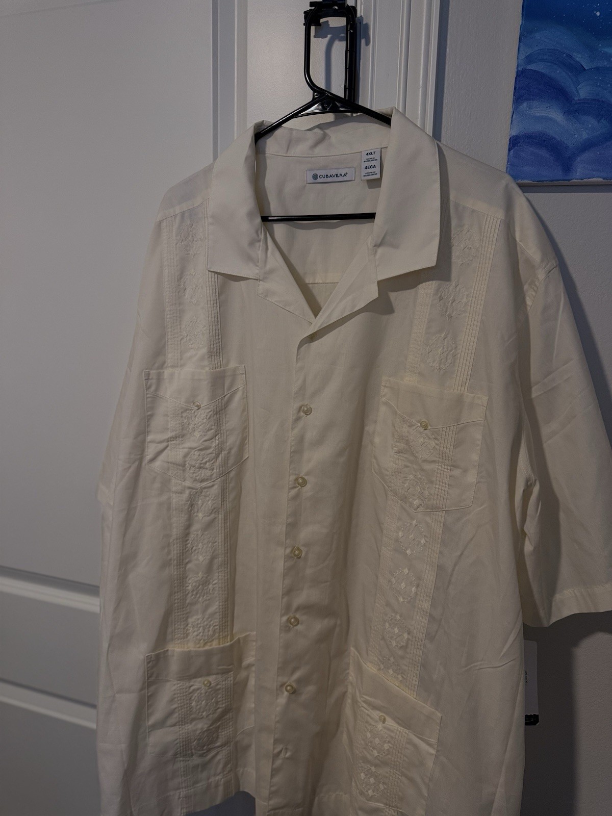 Cubavera Men’s Ivory Solid Woven Polyester Embroidered Pocket Shirt 4XLT LS