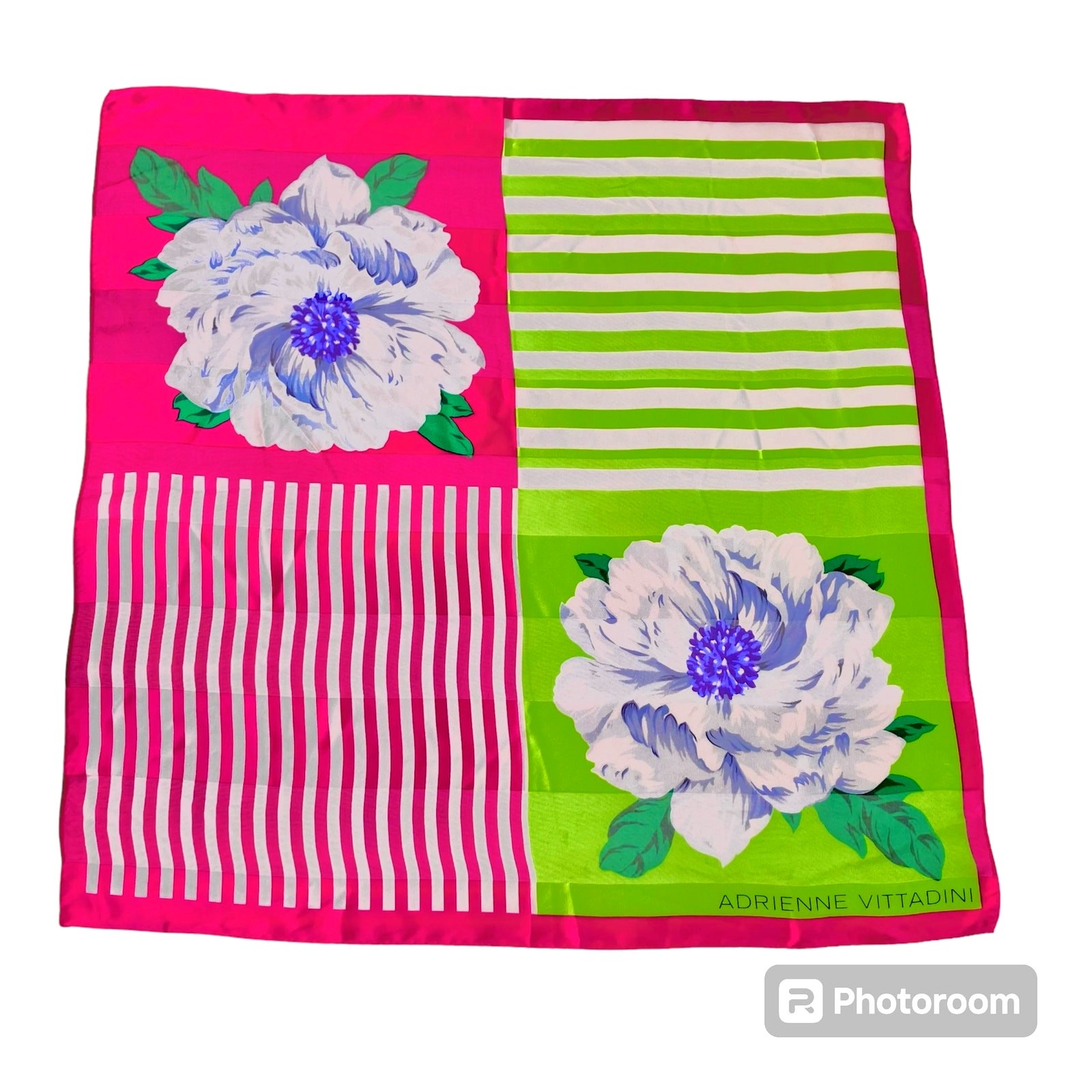 Adrienne Vittadini Scarf Womens 100% Silk Colorblock Floral Hot Pink Lime Green