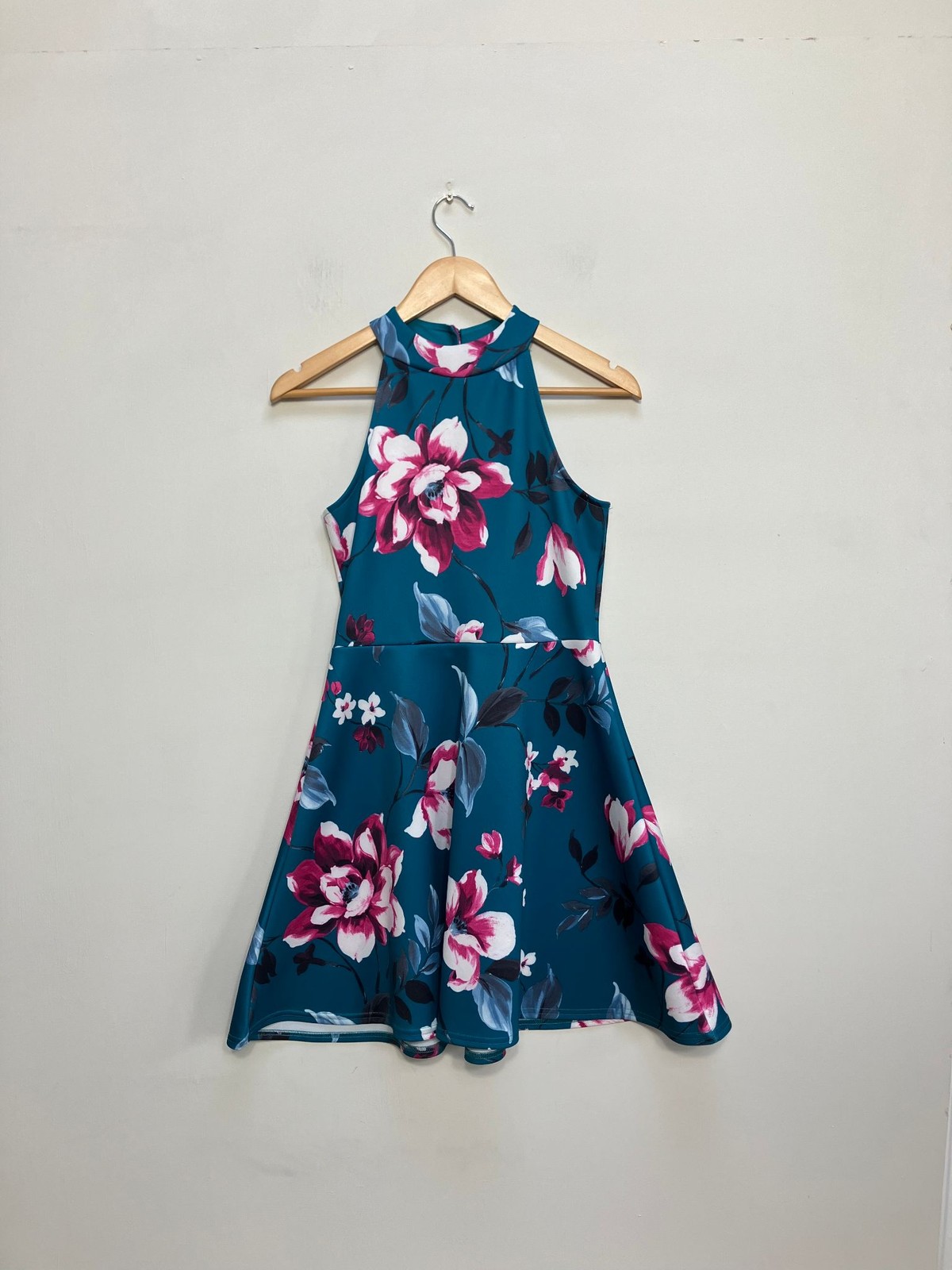 QUIZ Dress Womens UK 10 Teal Floral Halter Neck Fit Flare Skater Party Summer