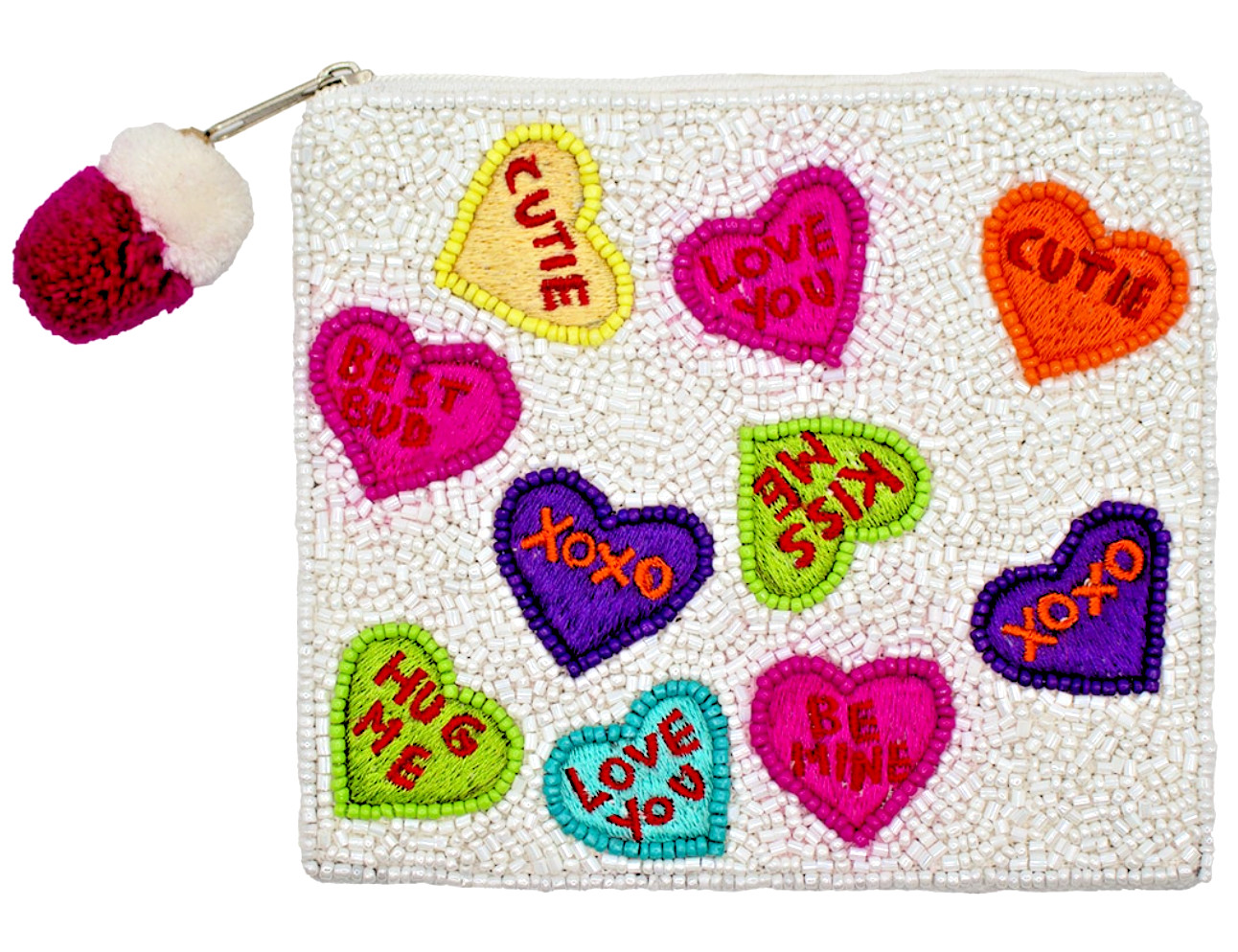 LA CHIC Designs CANDY HEARTS WHITE BEADED POUCH WALLET LAC-CP-1456 CARRY LOVE