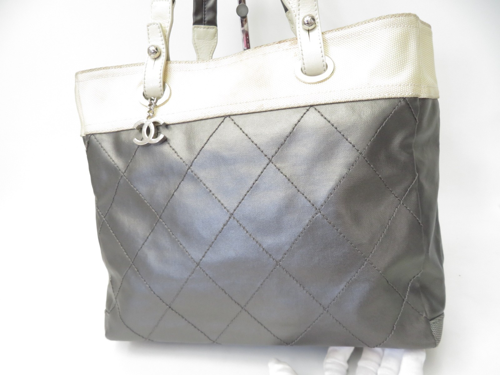 Authentic CHANEL Paris Biarritz MM Canvas Nylon Tote Hand Shoulder Bag I#53924