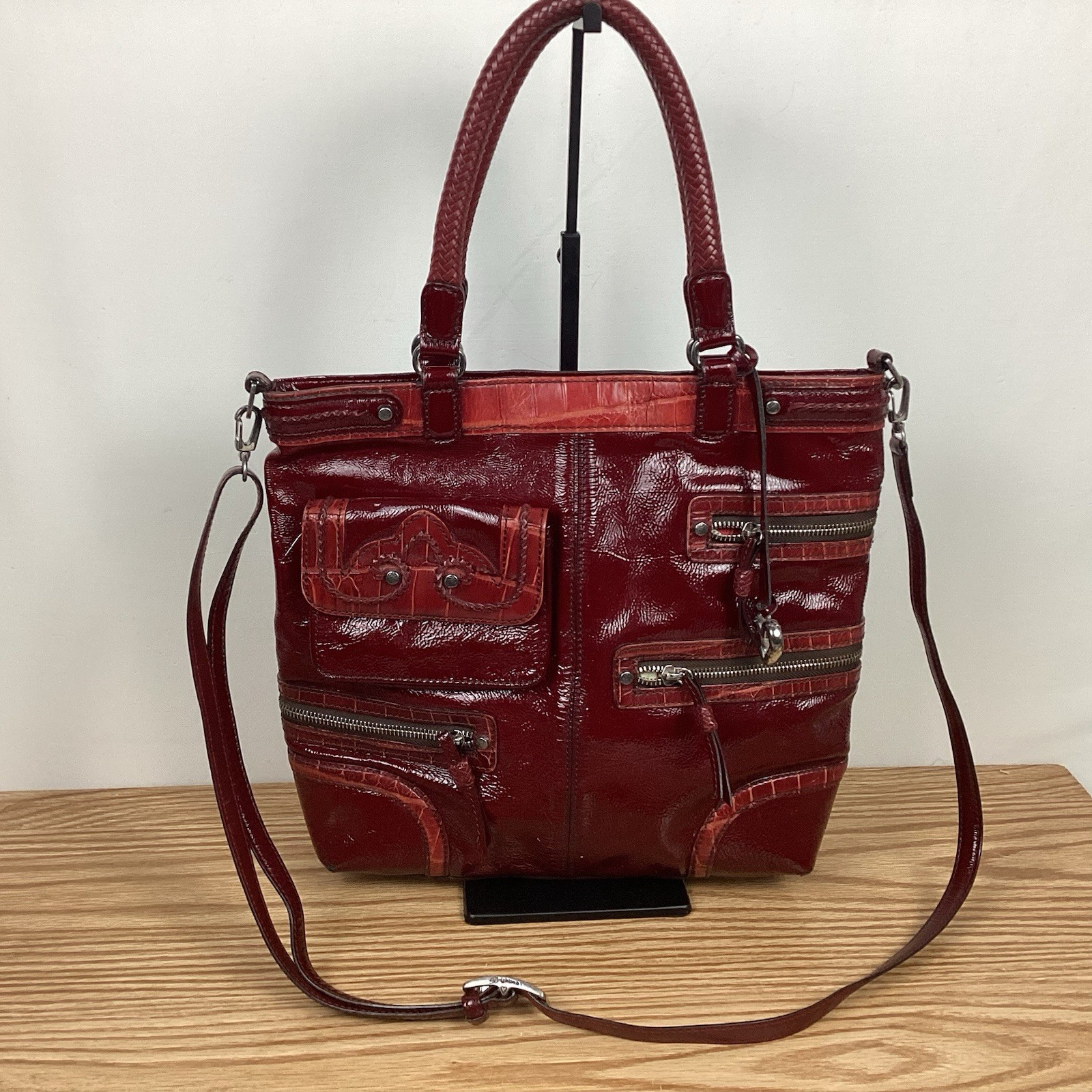 Brighton Kaelan Pocket Tote ORGANIZER Patent Leather Red Med Tote Shoulder Bag