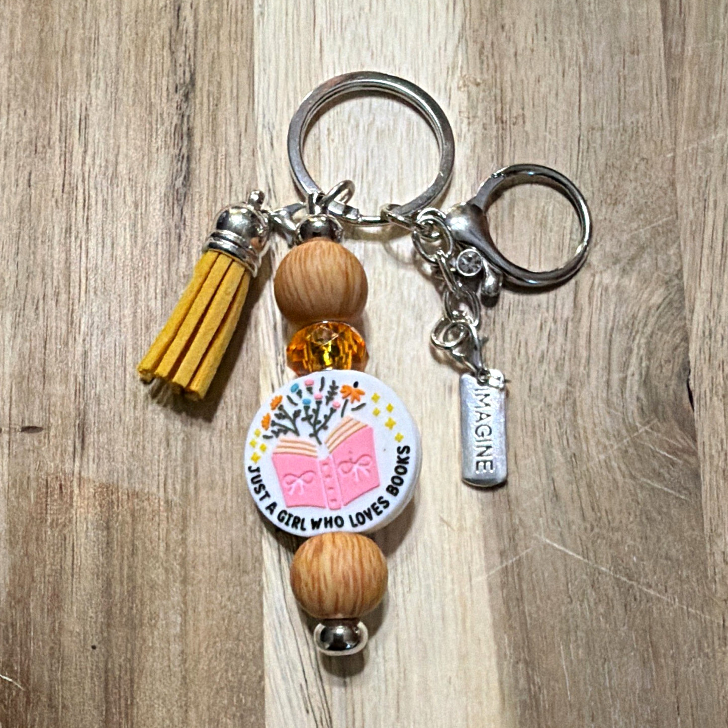 Beaded Tassel Charm Key Chain Keyring Yellow Silver Tone Detachable Printed