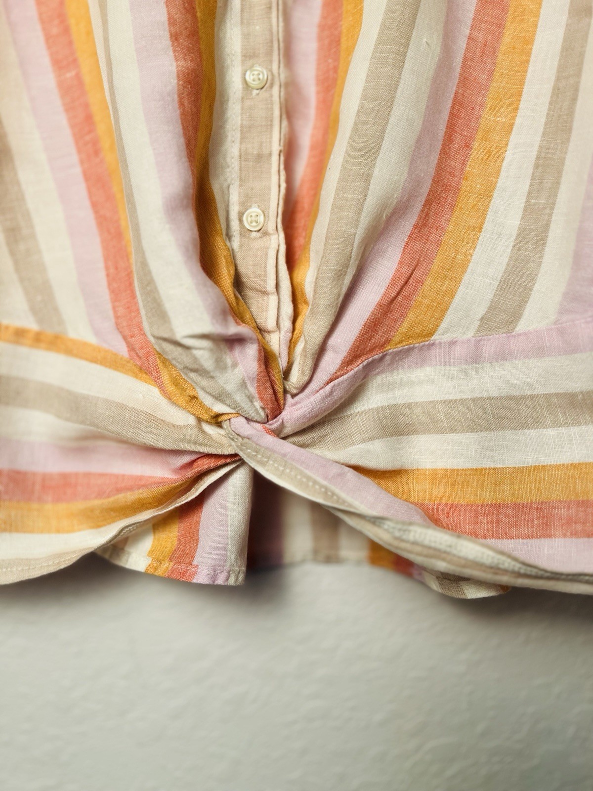 Lou & Grey Top XS Pastel Stripe 100% Linen Button Up Twist Front Shirt Boho