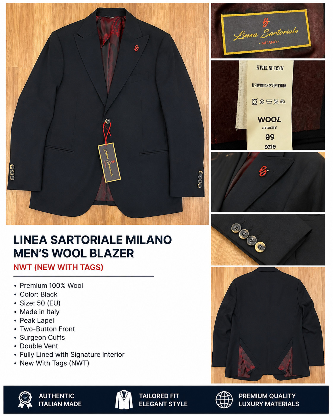 Linea Sartoriale Milano NWT Wool Blazer 50 EU Peak Lapel Surgeon Cuffs Italy