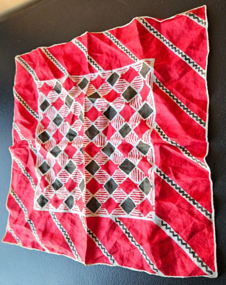 RED, BLACK, WHITE MULTI DESIGN EMBROIDERED EDGE HANDKERCHIEF. 12 1/2 IN.