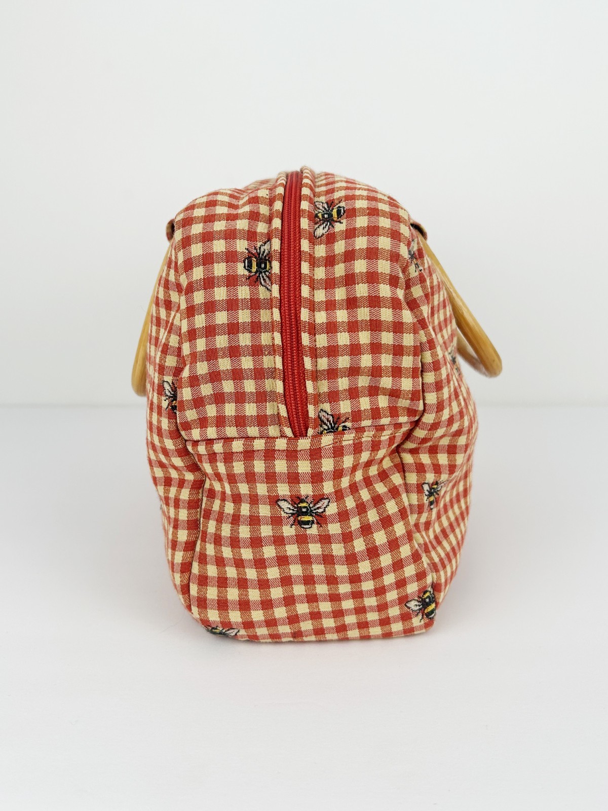 Bee Gingham Top Handle Handbag Bamboo Handle Coastal Preppy Handmade Purse