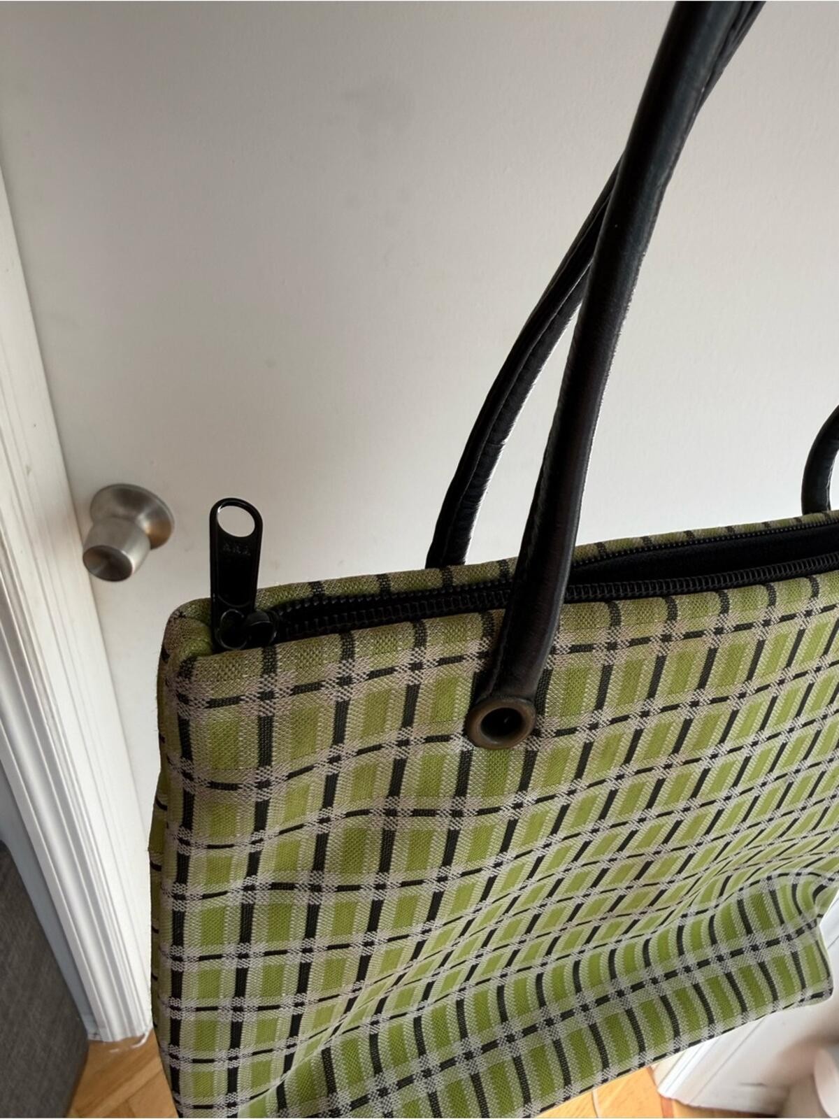Classic Green Plaid Tote with Black Handles