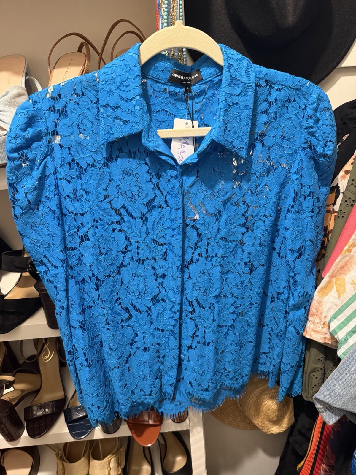 Generation Love Erika Lace Blouse Amalfi Blue Size S NWT Floral Collared Top