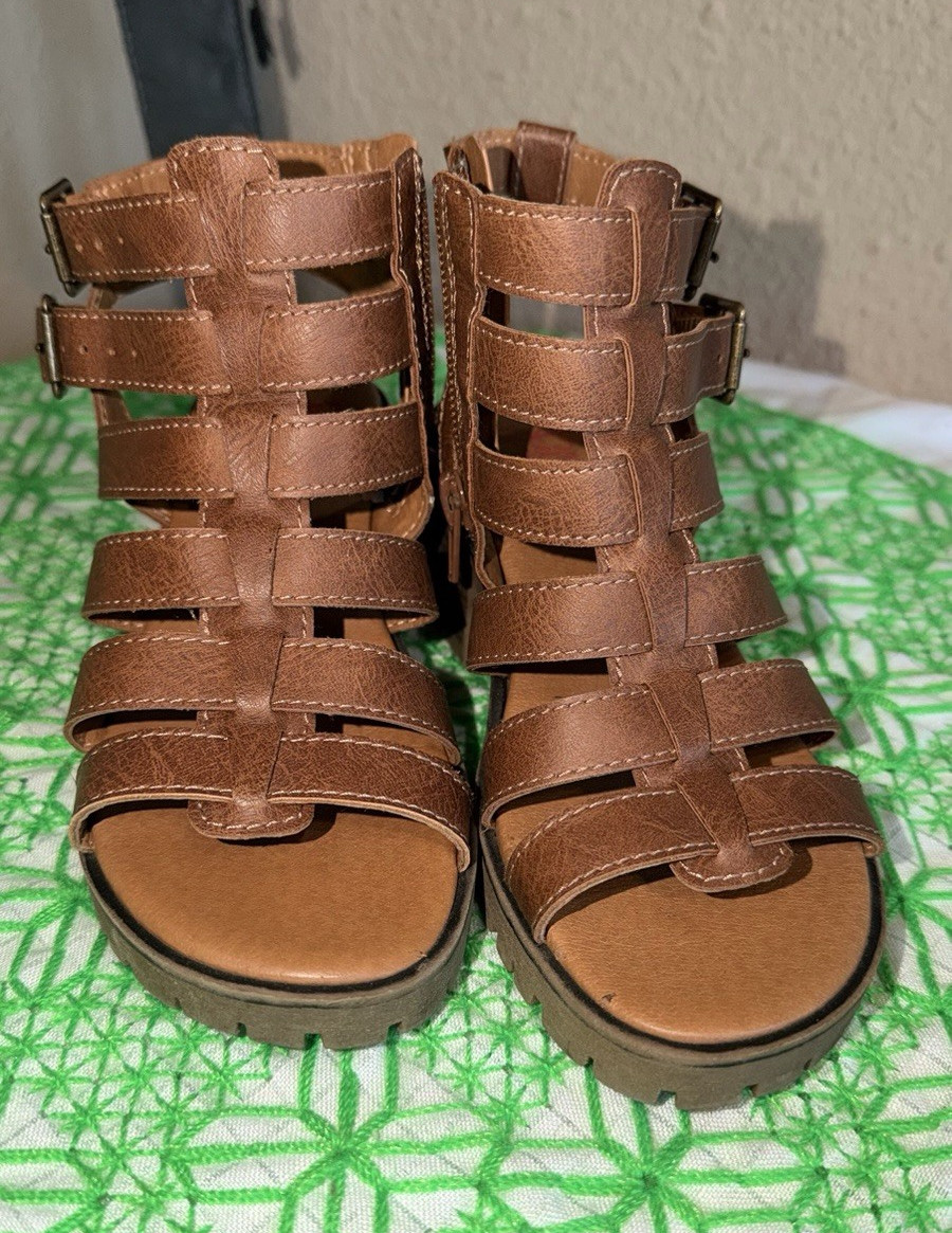 Soho Girl Women’s Brown Gladiator Leather Ankle Strap Sandals Buckle Zip 13M