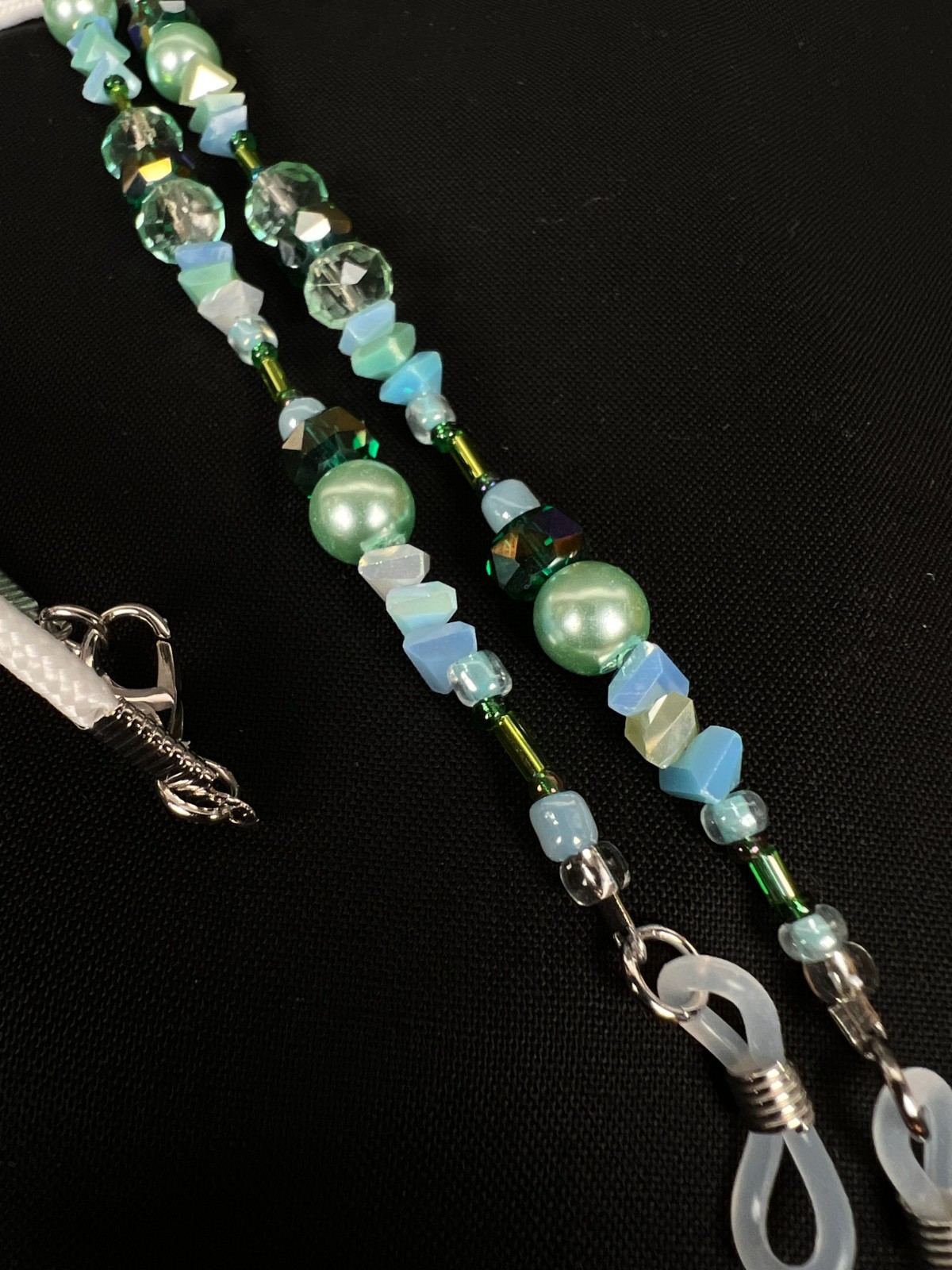 Handmade Eyeglass Chain: Crystal Glass Beads, Teal, Green, Blue, Sea Glass Look