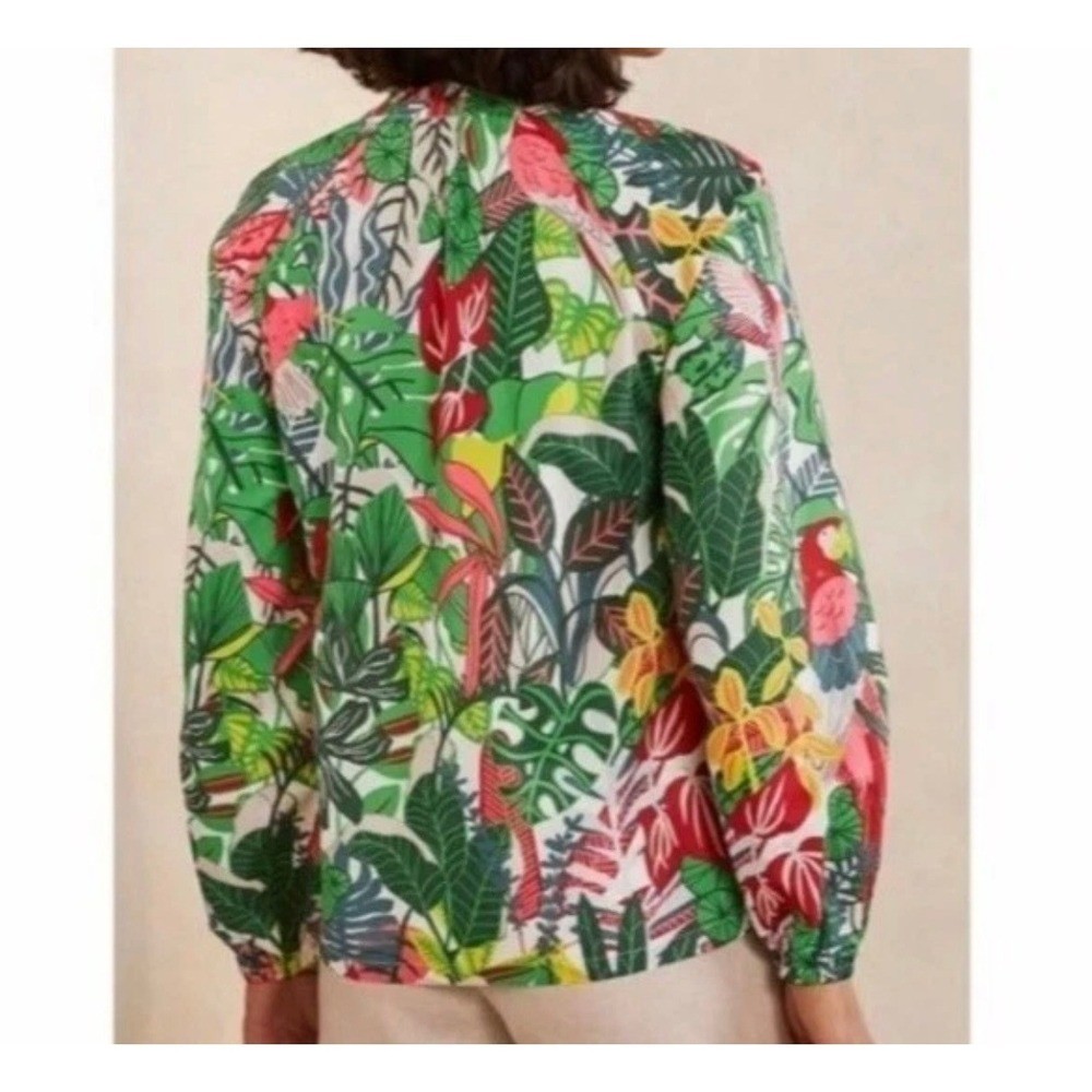 Boden Top Tropical Parrot Jungle Print Ruffle Neck Popover Blouse