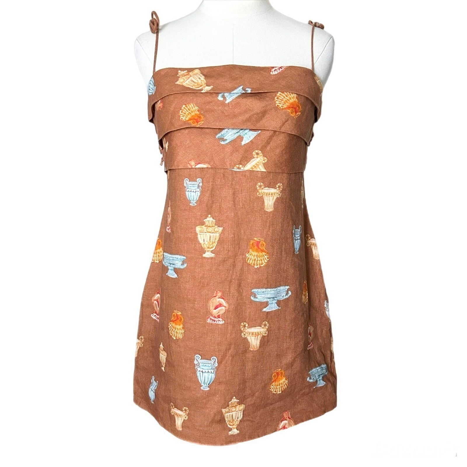 Roame Isola Linen Spaghetti Strap Mini Dress in Ceramica Desert Brown Size US 6
