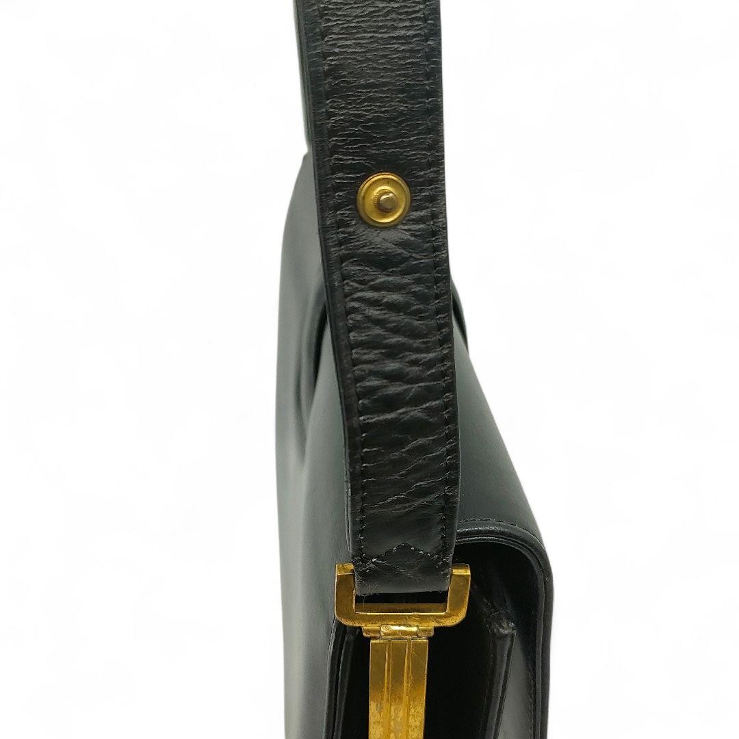 CELINE Black Leather Horse Carriage Shoulder Bag Gold Hardware Auth