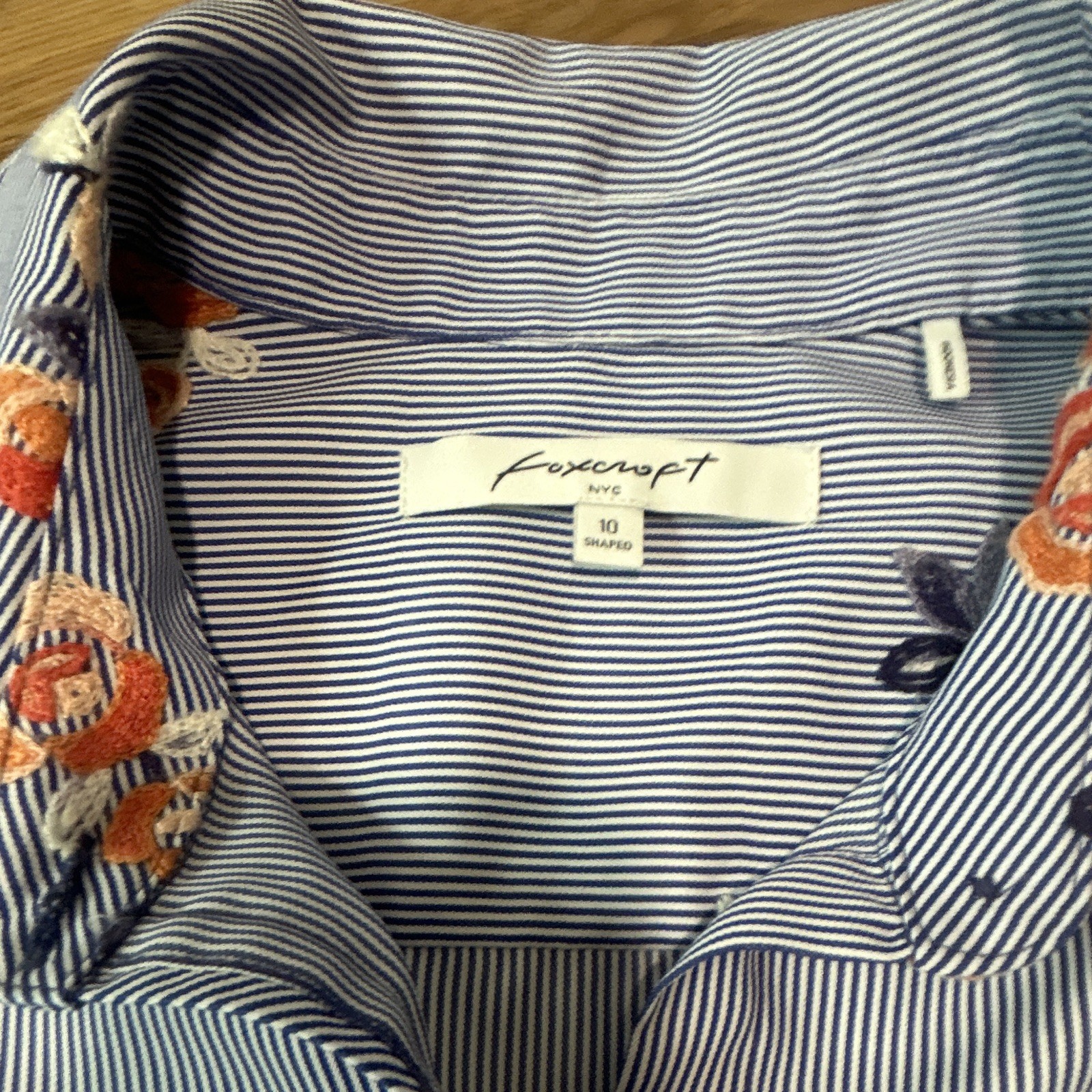 Foxcroft Blue White Striped Floral Embroidered Button-Up Collared Shirt 10