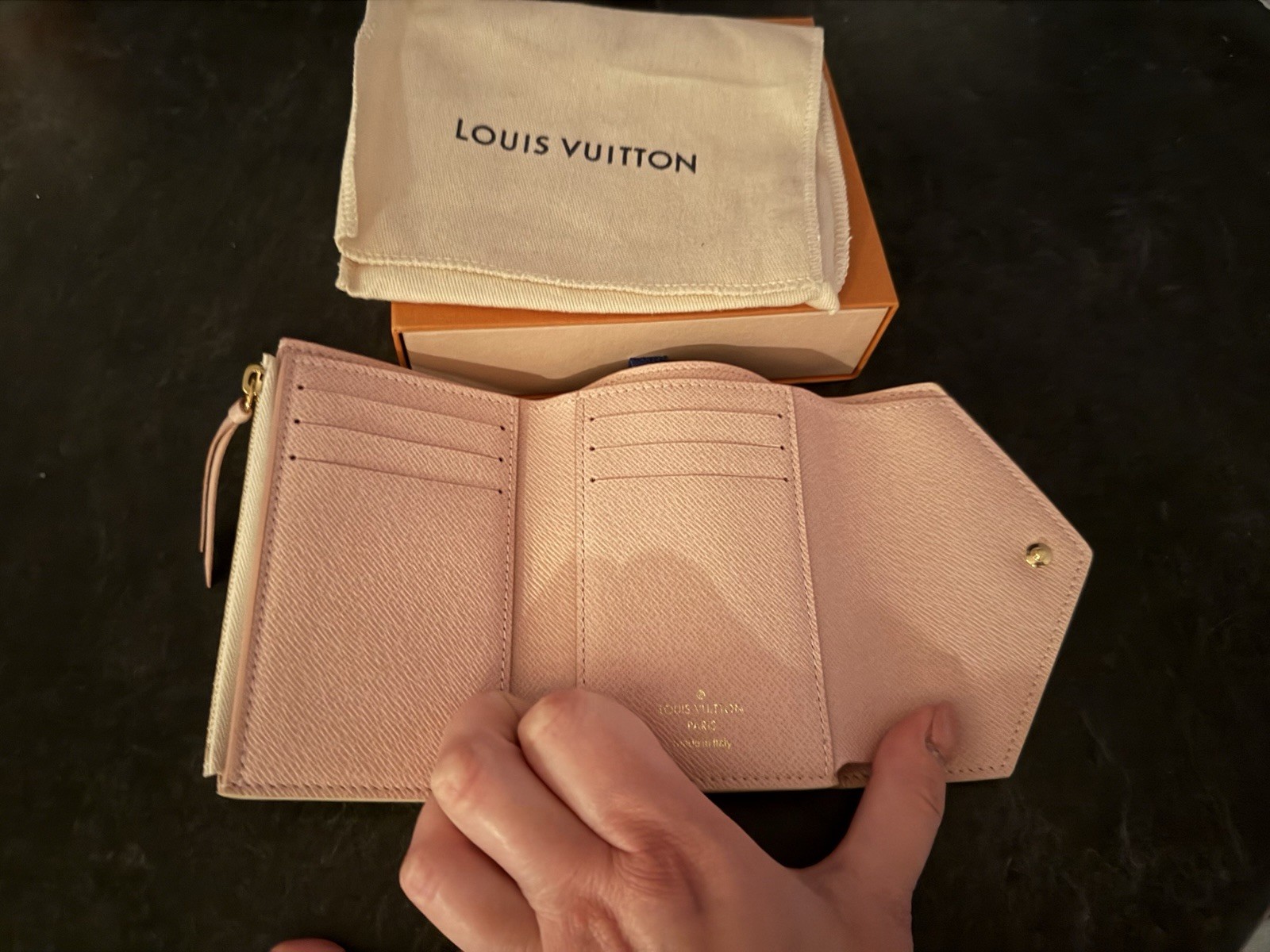 Louis Vuitton Damier Azur Tri-Fold Wallet w/ Zip Coin Pouch Pink Beige