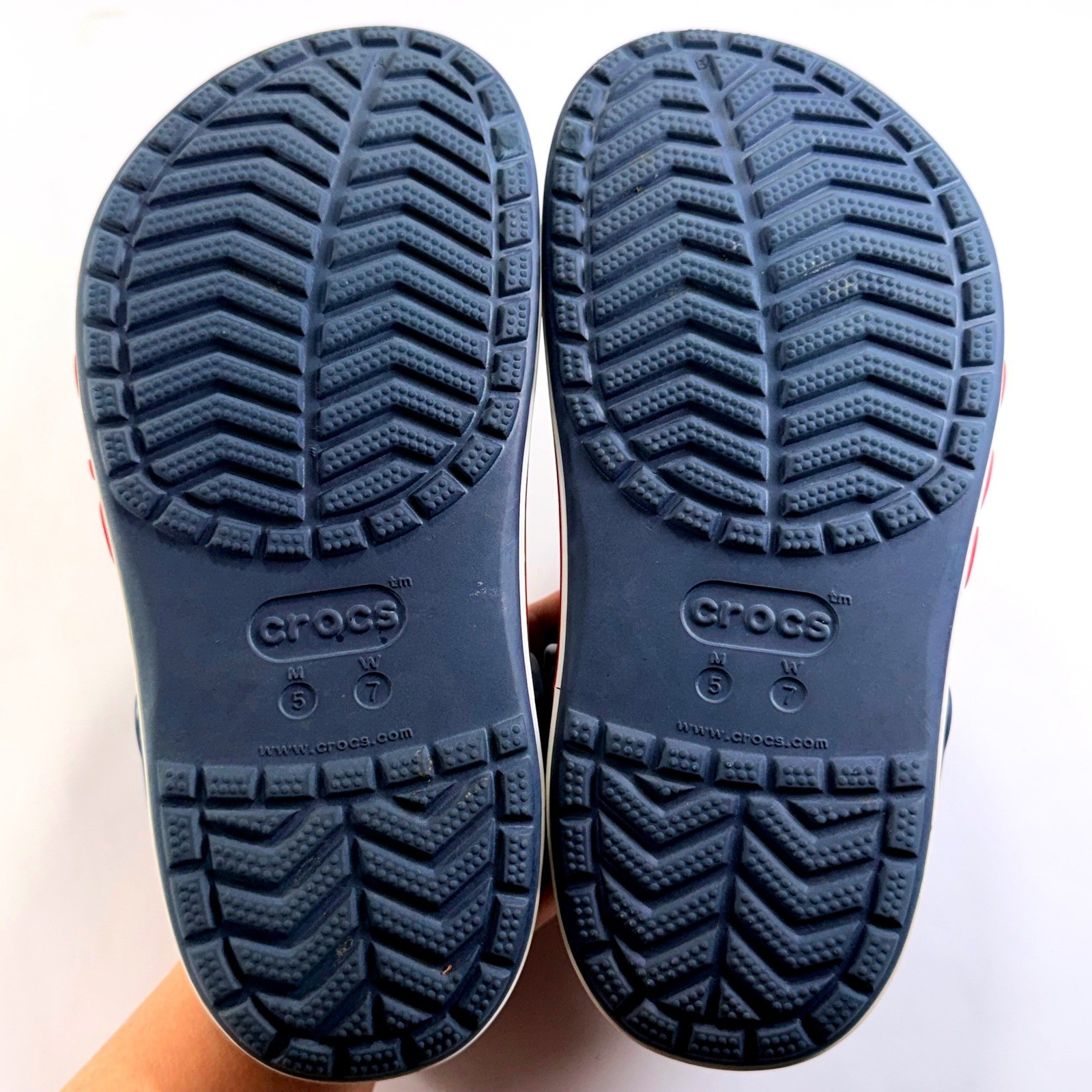 Crocs Bayaband Clogs Mens 5 Womens 7 Blue Red White Slip On Unisex Comfort Shoes