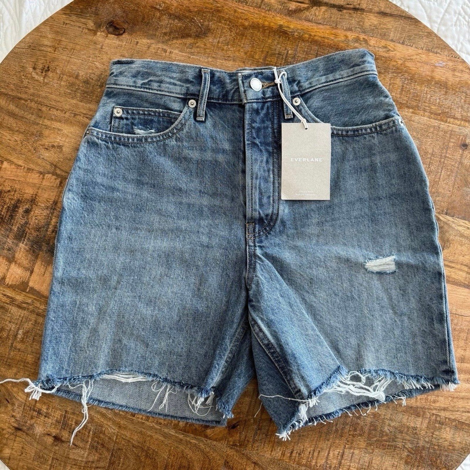Everlane Rigid Way High Denim Jean Short High Rise Button Fly Medium Wash Sz 26