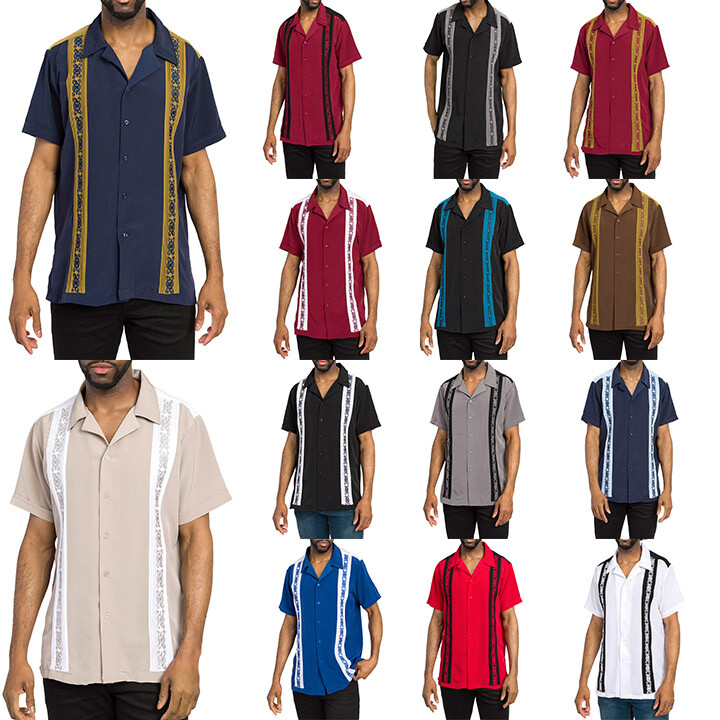 Men’s Embroidered Striped Bowler Guayabera Bowling Casual Dress Shirts MSS CUBA