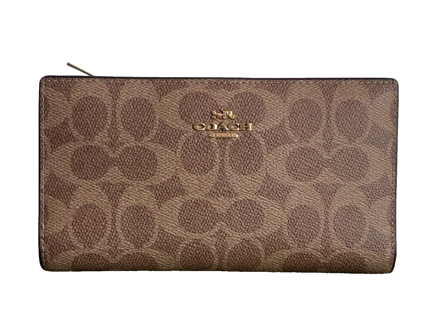COACH Slim Zip Wallet in Signature Canvas – Gold/Tan/Brown