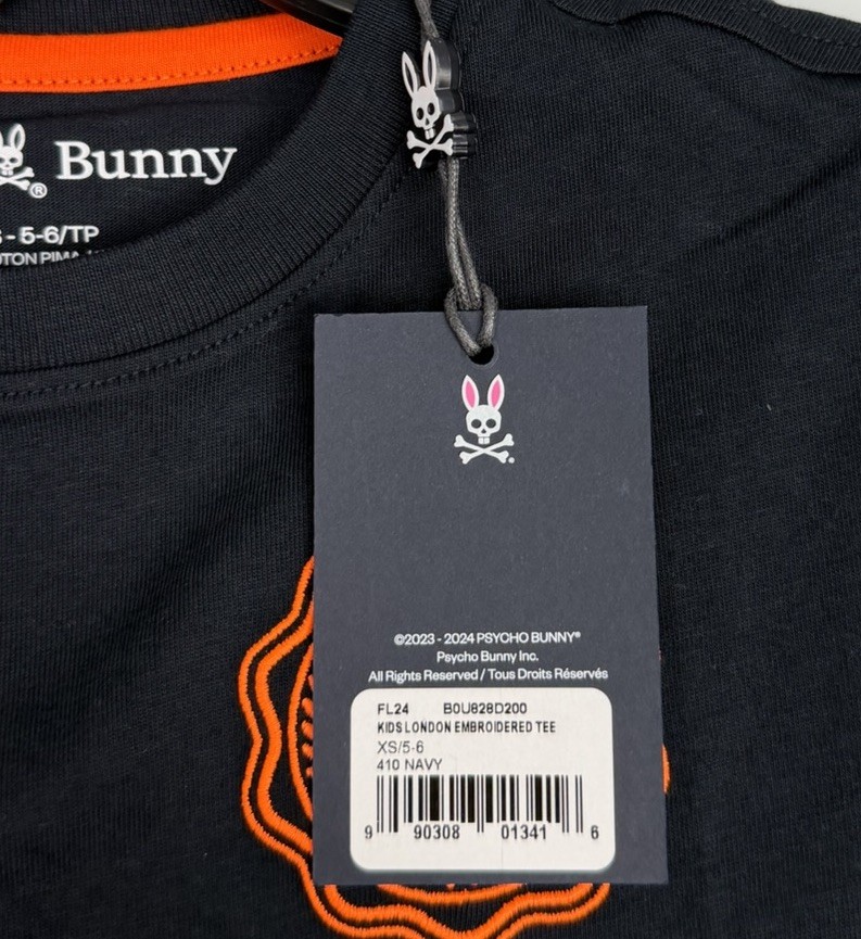 Psycho Bunny Kids London Embroidered Tee Shirt Navy Orange Sz XS 5-6 NEW