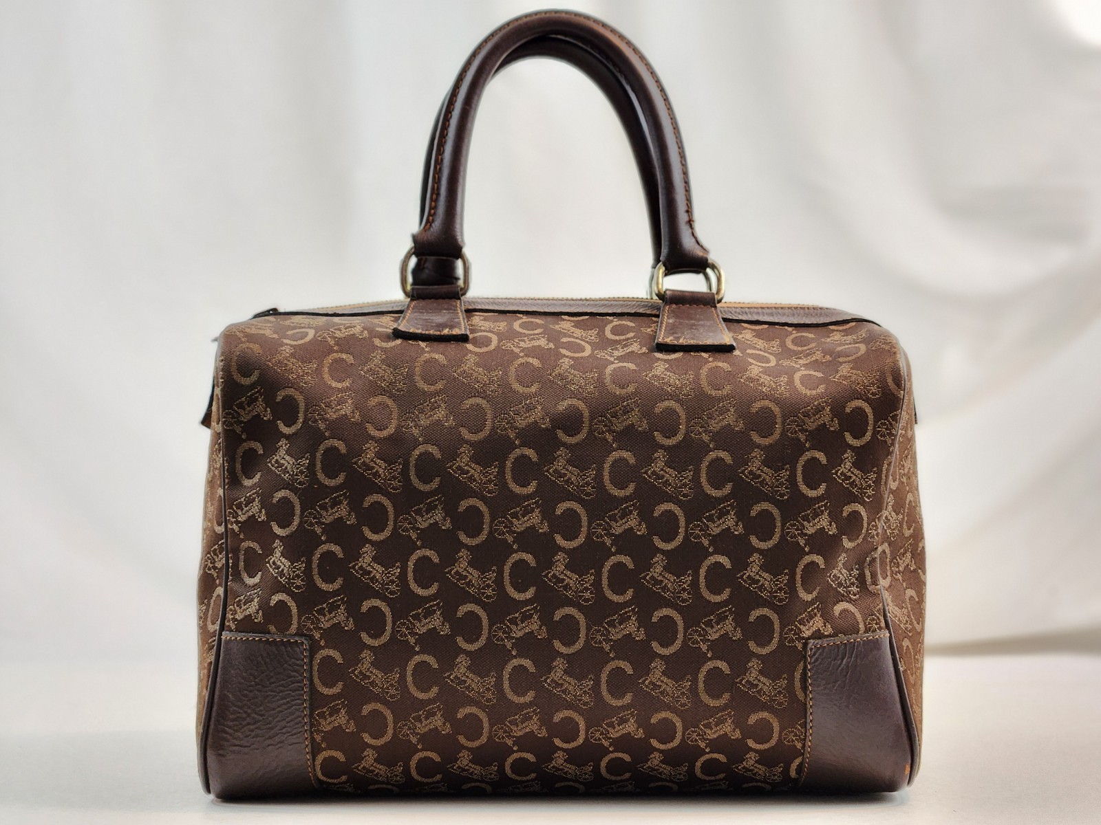 Authentic CELINE C Macadam Canvas Boston Brown Hand Bag Pouch Horse Carriage Old