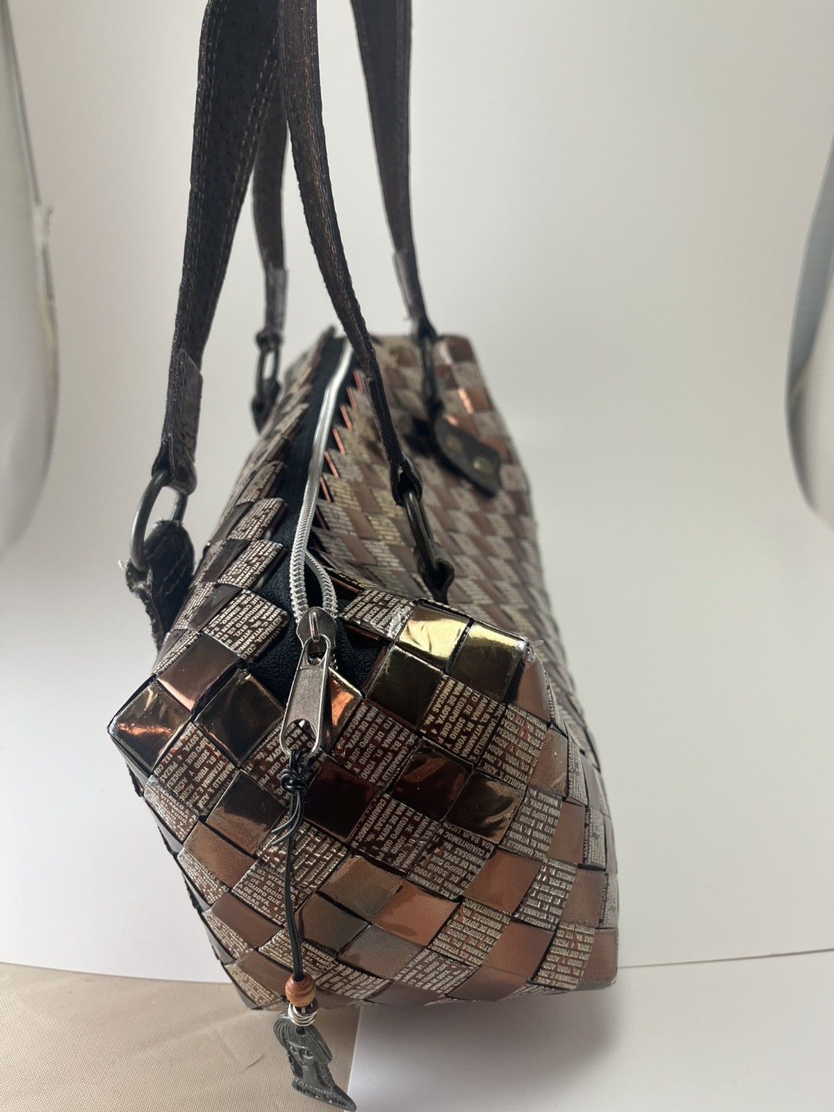 Nahui Ollin candy wrapper purse, mini-duffle shape
