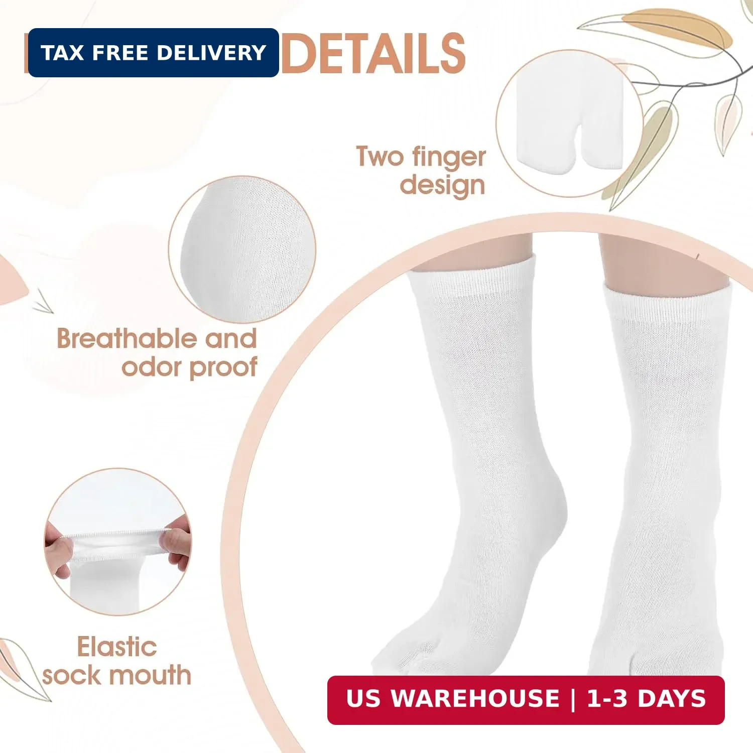 Japanese Tabi Socks White 4 Pairs Split Toe US Size 5-11 for Men Women