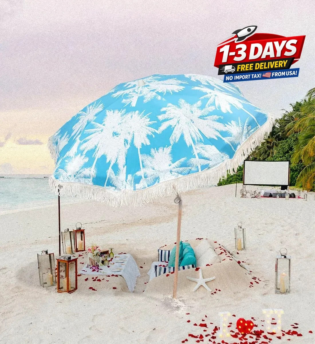 6.5Ft Boho Beach Umbrella with Fringe, Tassel Umbrellas with Tilting Wood Pole &