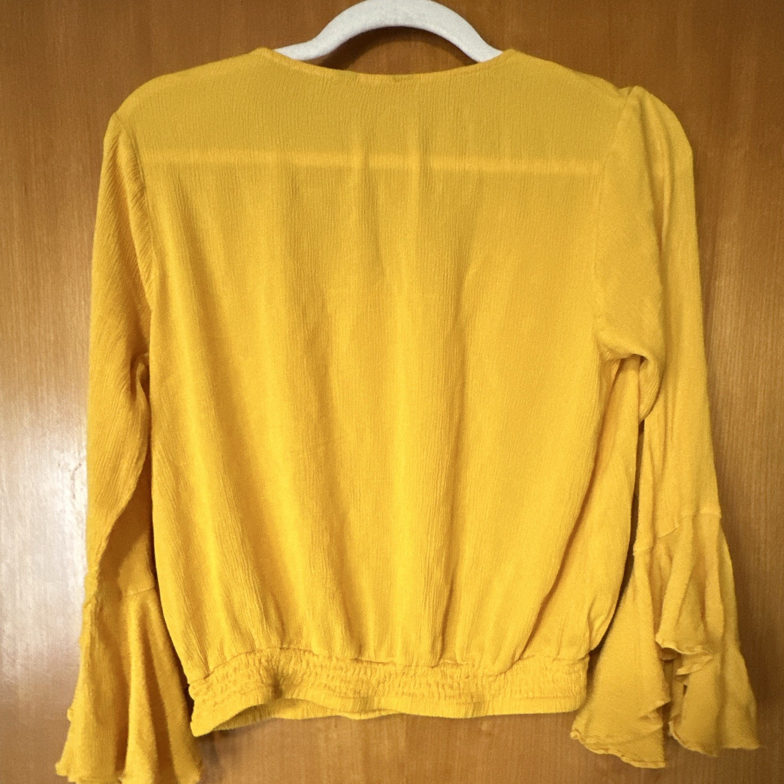 Express XS Yellow Solid Woven Lace Yoke Scoop Neck Long Bell Sleeve Blouse