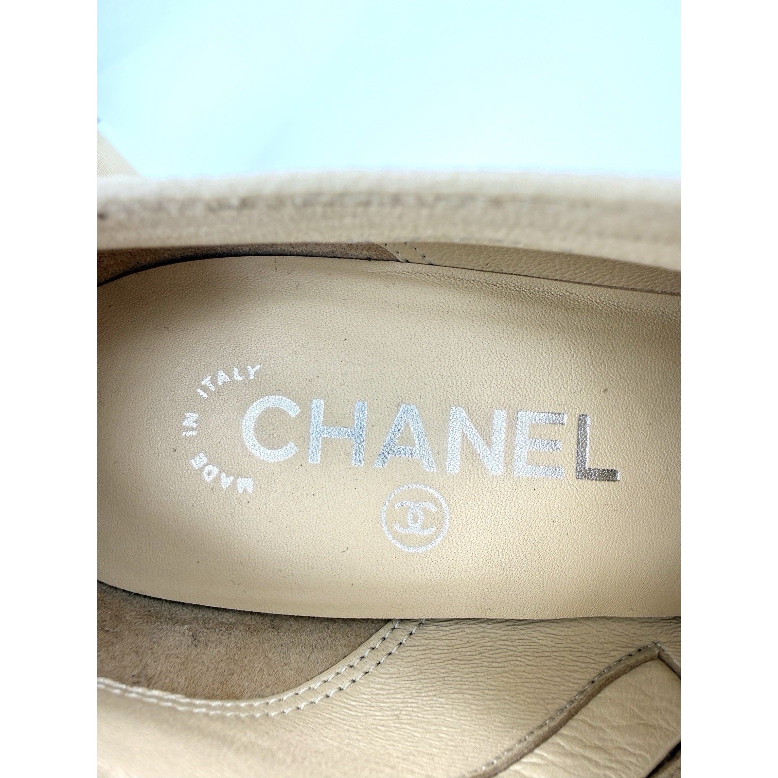 Chanel Peep Toe Bootie EU 39 US 9 Beige Nude Leather with Faux Pearl Embellish