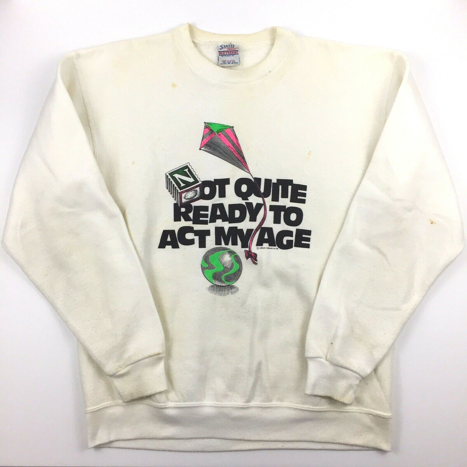 Vtg 90s Not Quite Ready to Act My Age Sweatshirt Kite Logo USA Hipster Retro L