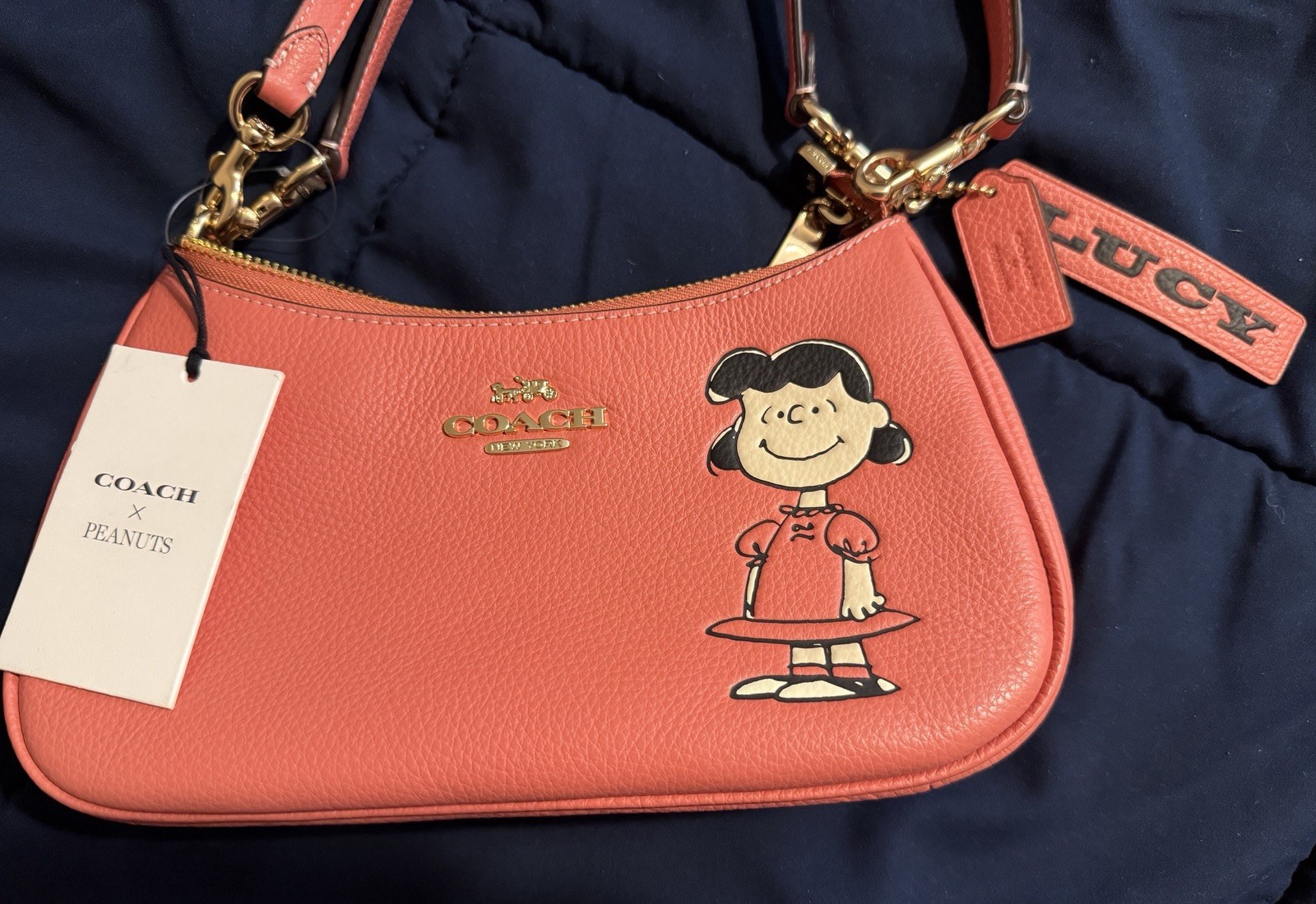 Coach x Peanuts Lucy Teri Shoulder Bag Coral Pebbled Zip Crossbody Strap
