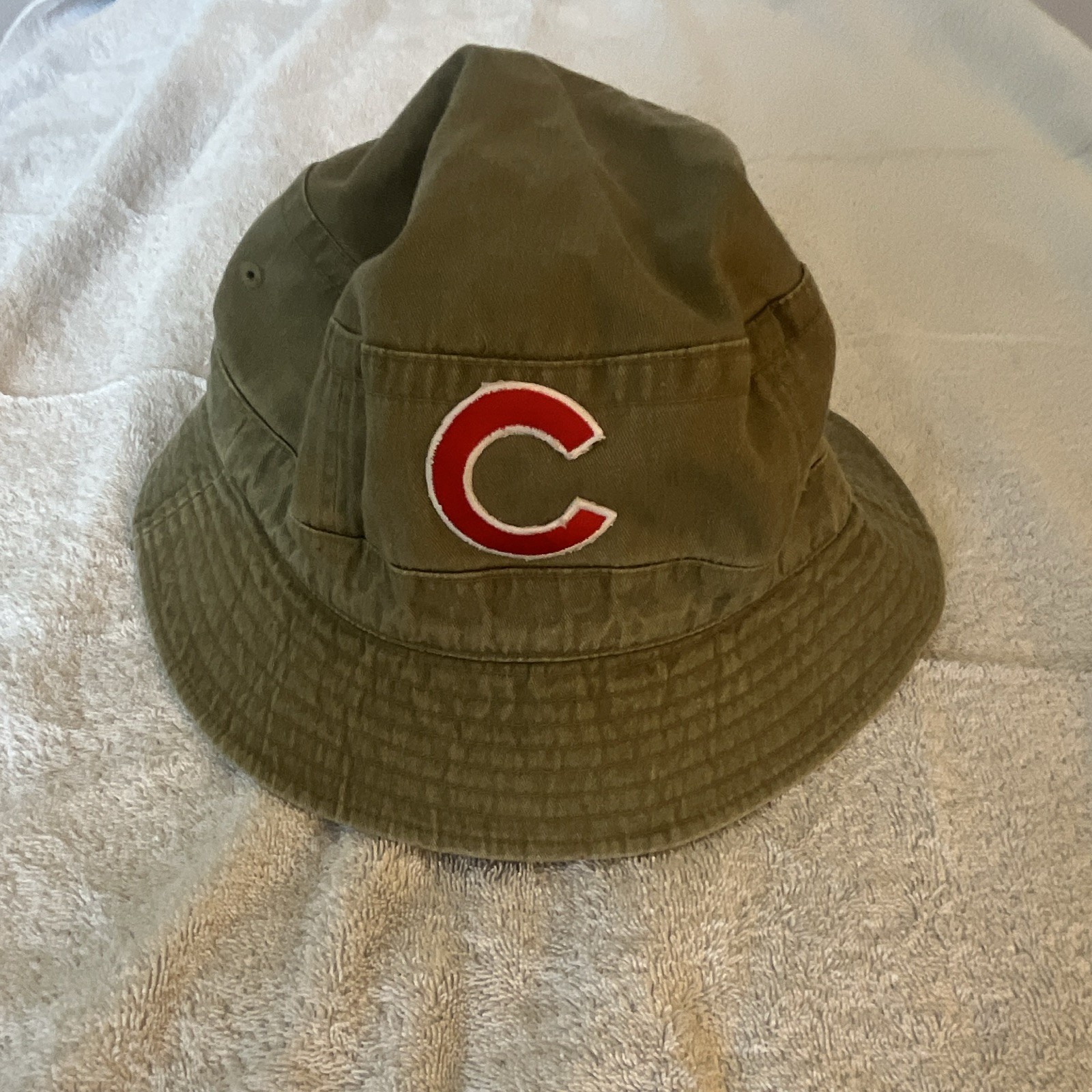 Khaki Men’s Bucket Hat One Size Solid Sports Red & White C Patch