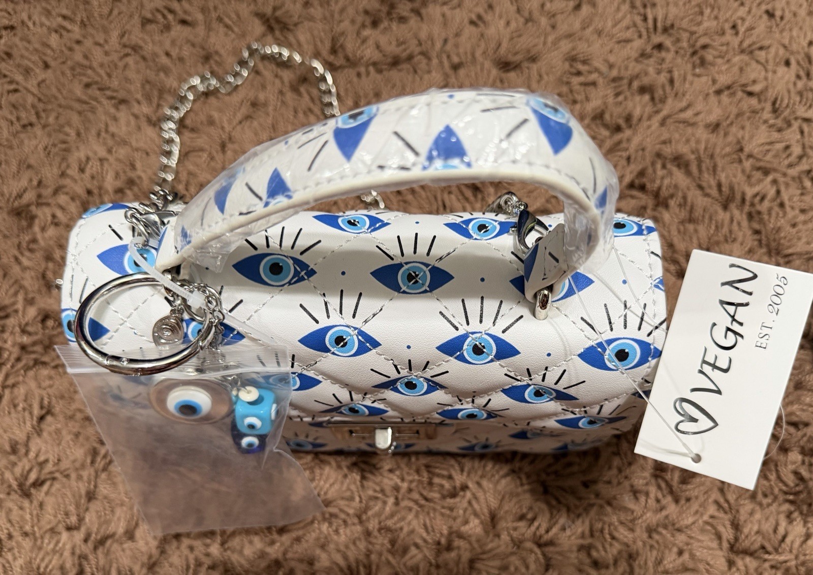 New White 100% Vegan Leather Evil Eye Crossbody Bag Detachable Chain Straps