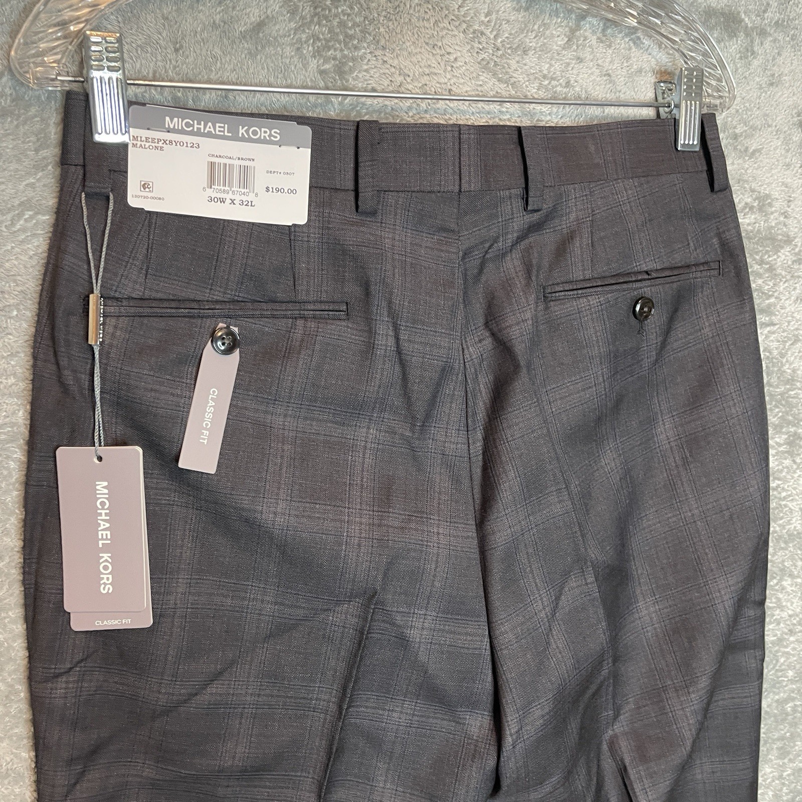 Michael Kors Mens Malone Classic Fit Plaid Wool Stretch Suit Pant Charcoal Brown