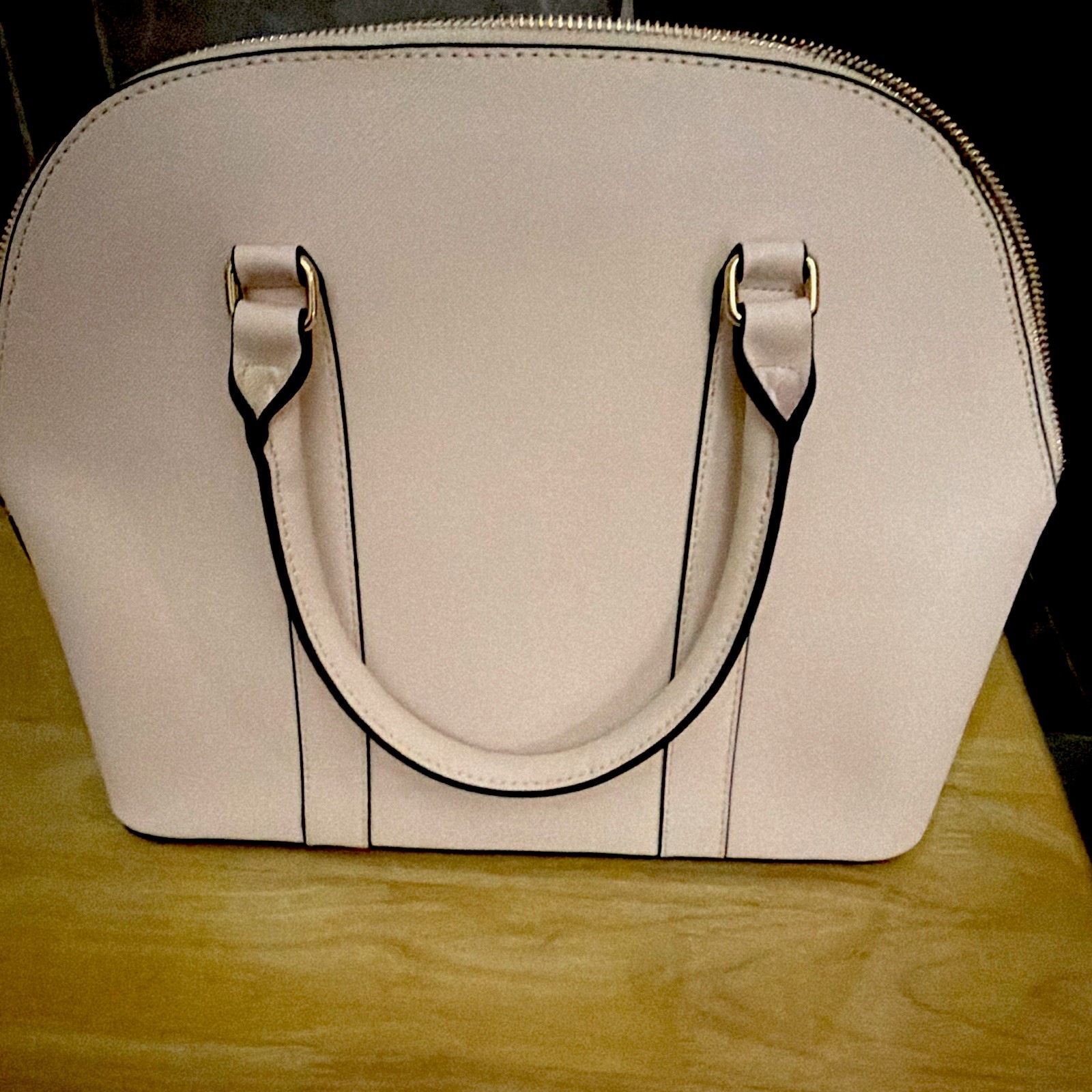 Steve Madden Beige Satchel Top Handle Bag Zip, Detachable Strap, Gold Hardware