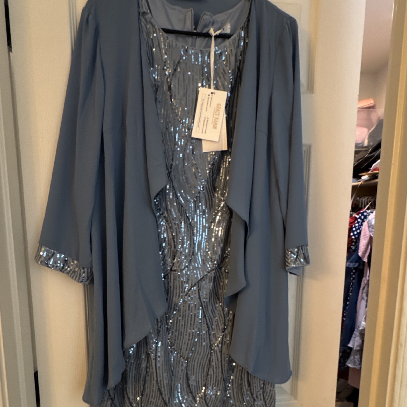 Grace Karin Women’s Blue Sequin Knee-Length Dress with Open-Front Jacket Set
