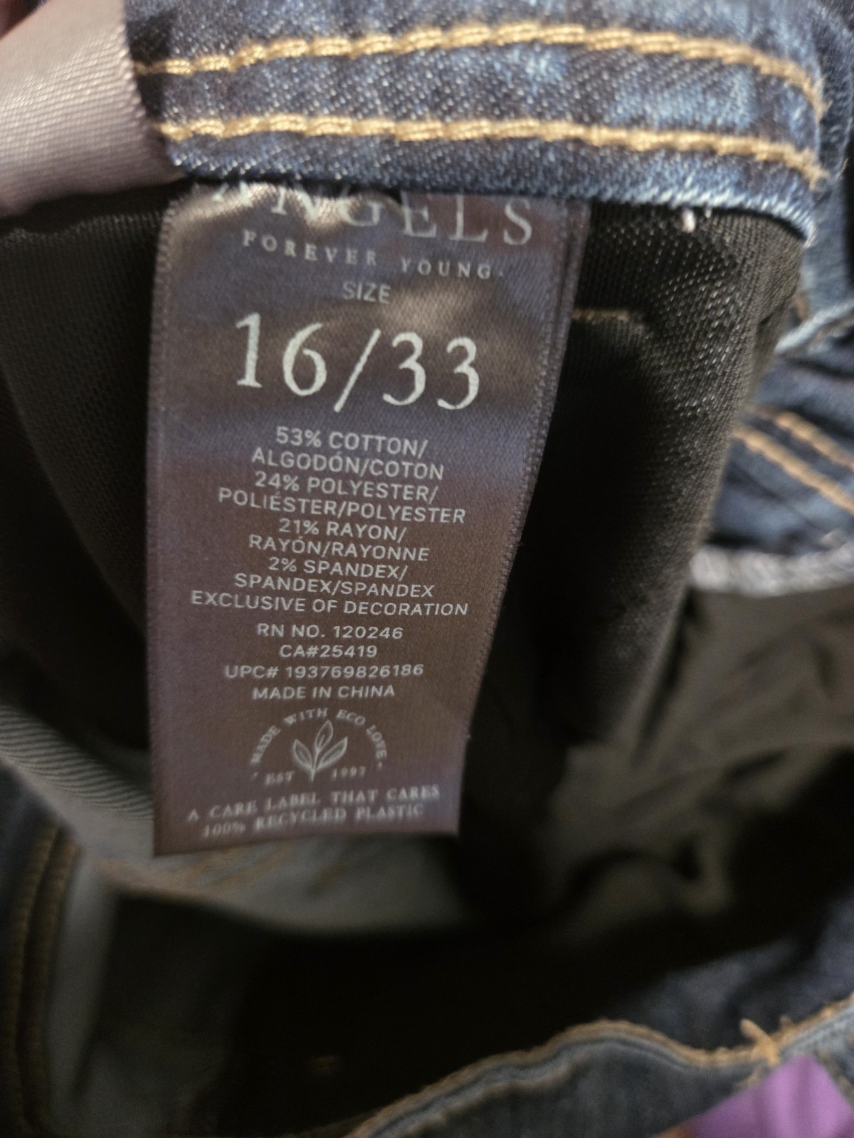 Angels Everflex Straight Jeans Dark Wash Stretch 5-Pocket Size 16/33