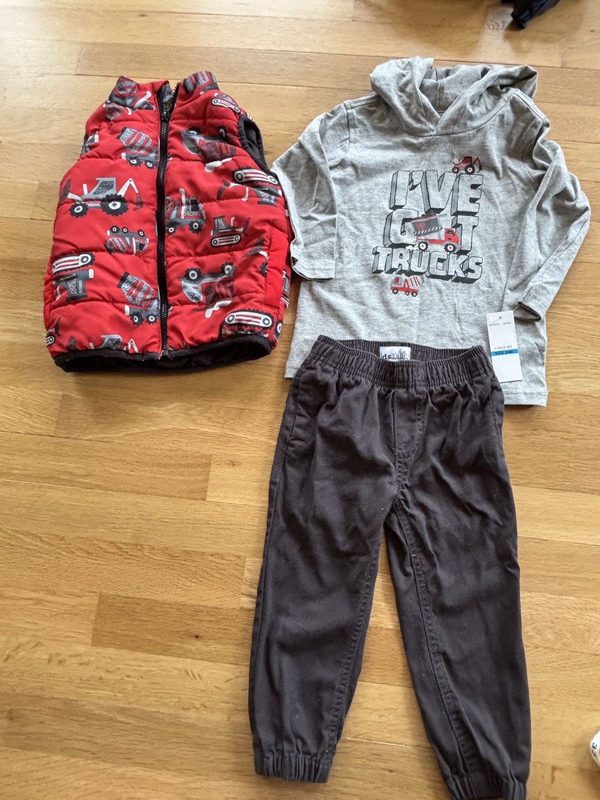 Kids Headquarters 3 Pc Outfit 24M 2T Trucks Hoodie Pants Puffer Vest Red
