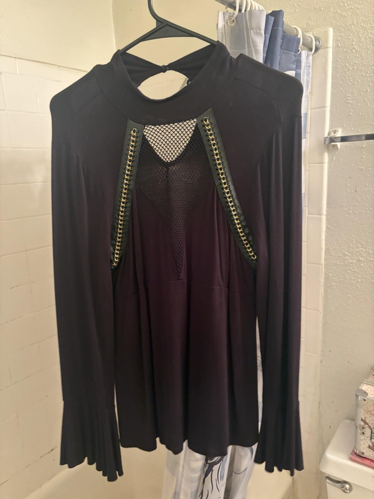 Women’s M Black Round Neck Long Sleeve Bell Sleeve Mesh Cutout Chain Top