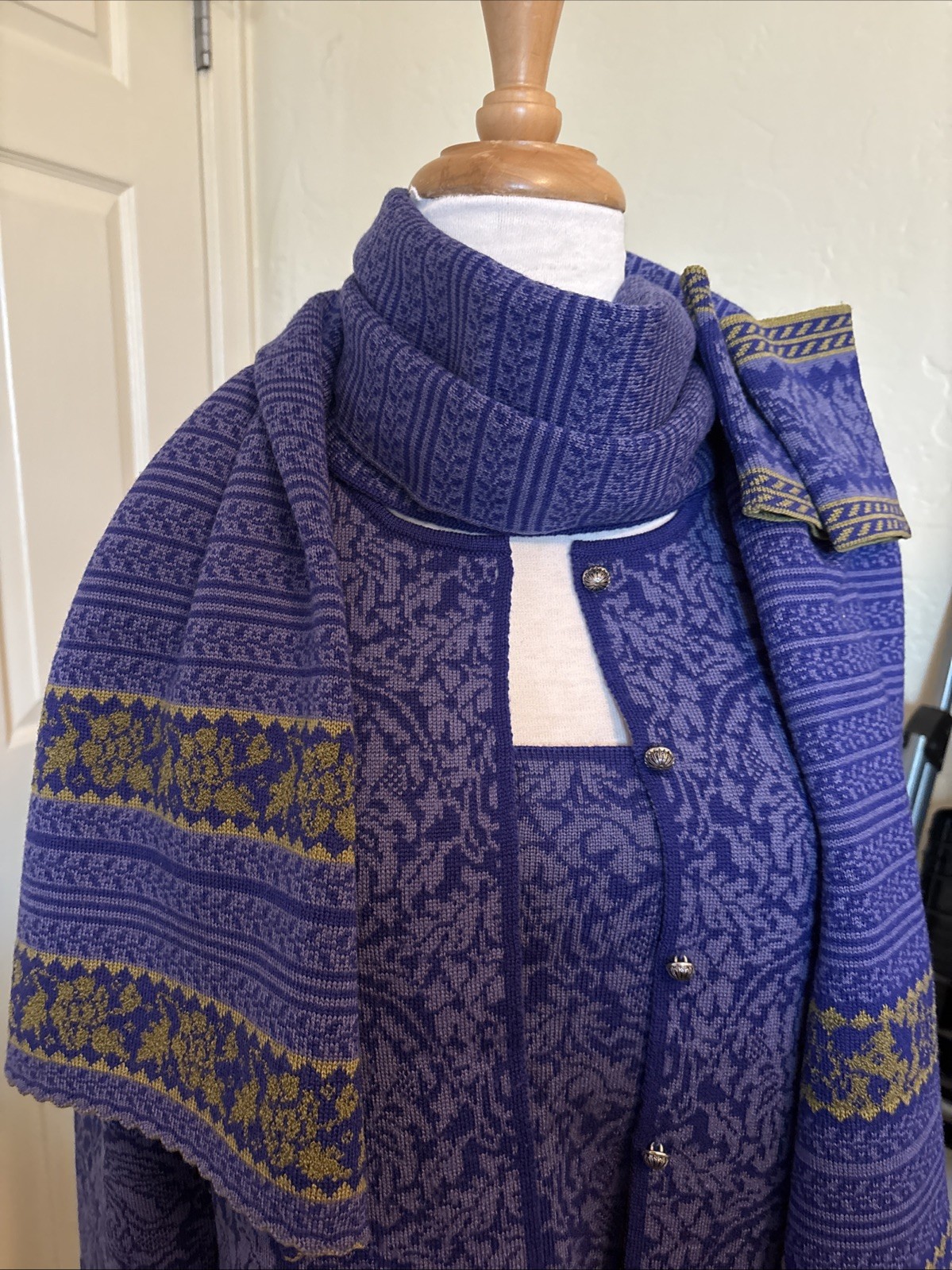 Oleana Norway Silk Wool Floral Knit Cardigan Sweater Shell Cuffs Scarf L Blue